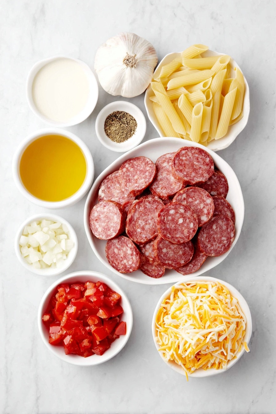 Flat lay of a simple white ceramic bowl filled with golden olive oil, a neat pile of sliced kielbasa sausage with a rich reddish-brown color, a small mound of diced white onion, two whole cloves of garlic with papery skin intact, a tiny white bowl holding dried Italian seasoning herbs, another small white bowl with creamy milk, a cluster of uncooked penne pasta with smooth, pale yellow tubes, a small white bowl filled with bright red diced Italian tomatoes, a small white bowl of light golden reduced-sodium chicken broth, a small white bowl containing ground black pepper, a generous pile of shredded orange and white Cheddar-Jack cheese, all arranged symmetrically and balanced on a clean white marble surface, soft natural light, photo taken with an iPhone, professional food photography style, fresh ingredients, white ceramic bowls, no bottles, no duplicates, no utensils, no packaging --ar 2:3 --v 7 --p m7354615311229779997 - Cheesy Kielbasa Pasta, Kielbasa Pasta, Easy Kielbasa Pasta, One-Pan Cheesy Pasta, Quick Kielbasa Pasta Dinner