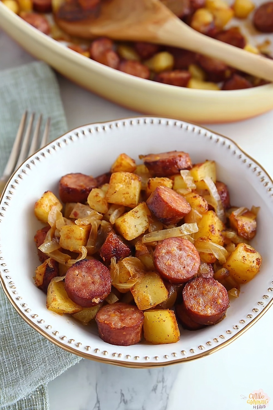 The image shows a yellow oval dish filled with a mixture of cooked sliced sausage and small cubes of potatoes, both browned with a slight crisp texture. The sausage pieces are round and reddish-brown, scattered evenly throughout the dish, while the potato cubes are golden brown and also mixed with very small bits of translucent cooked onions, adding texture and color contrast. The dish sits on a white marbled surface, and a white cloth is partially visible on the lower left side. Photo taken with an iphone --ar 2:3 --v 7 - Kielbasa and Potatoes Skillet, Kielbasa and Potatoes skillet recipe, easy kielbasa skillet dinner, one-pan kielbasa and potato meal, hearty sausage and potato recipe