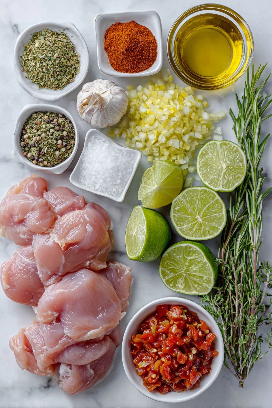 Flat lay of boneless, skinless chicken breasts, a small mound of ground cumin powder, a small heap of smoked paprika, a small heap of dried oregano leaves, a small pile of cayenne pepper powder, coarse sea salt crystals, freshly ground black peppercorns, a drizzle of olive oil in a small white ceramic bowl, a finely diced small yellow onion on a white ceramic plate, three unpeeled garlic cloves, a small dollop of bright red tomato paste on a white ceramic spoon-shaped dish, a small white bowl filled with diced fresh red tomatoes, a small white bowl containing creamy unsweetened coconut milk, a few sprigs of fresh green cilantro, and two fresh lime wedges arranged neatly on a simple white ceramic plate, placed on a clean white marble surface, soft natural light, photo taken with an iPhone, professional food photography style, fresh ingredients, white ceramic bowls, no bottles, no duplicates, no utensils, no packaging --ar 2:3 --v 7 --p m7354615311229779997 - Coconut Milk Chicken Skillet, coconut chicken recipes, creamy chicken dinner, easy one-pan chicken, flavorful chicken skillet