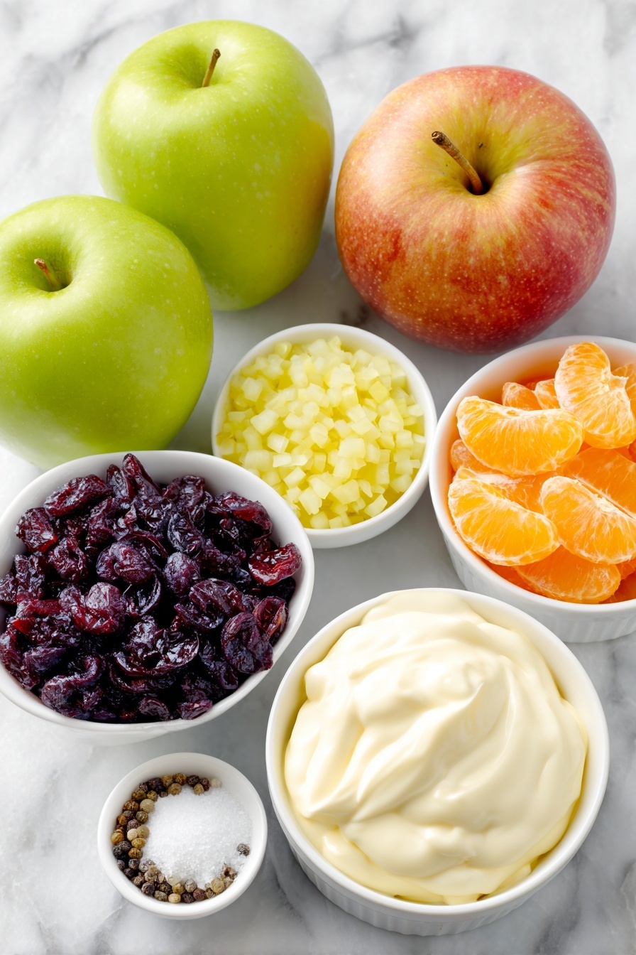 Flat lay of a whole red delicious apple, a whole granny smith apple, a small white ceramic bowl with matchstick-cut fresh carrots, a small white ceramic bowl of finely diced yellow onion, a small white ceramic bowl with dried sweetened cranberries, a small white ceramic bowl filled with creamy vanilla yogurt, a small white ceramic bowl with smooth mayonnaise, a small white ceramic bowl holding bright orange mandarin segments, a small white ceramic bowl containing fresh lemon juice, a small white ceramic bowl with granulated sugar, a small white ceramic bowl with salt, and a small white ceramic bowl with black peppercorns, all arranged symmetrically and proportionally, placed on a clean white marble surface, soft natural light, photo taken with an iPhone, professional food photography style, fresh ingredients, white ceramic bowls, no bottles, no duplicates, no utensils, no packaging --ar 2:3 --v 7 --p m7354615311229779997 - Carrot Apple Salad with Cranberries, healthy fruit salad, easy apple carrot salad, quick summer salads, tangy fruit salad