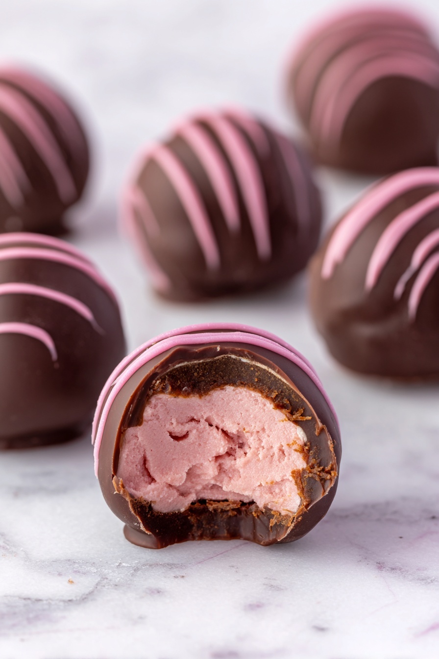 The image shows several round chocolate truffles on a white marbled surface. One truffle in the front is bitten, revealing two layers inside: a light pink creamy center with a soft texture and a thin outer layer of dark chocolate. The truffles are covered in dark chocolate with smooth pink drizzle lines on top, giving a nice contrast. The colors are mainly dark brown and pink, with the truffles arranged in a scattered pattern. Photo taken with an iphone --ar 2:3 --v 7 - Chocolate Raspberry Truffles, chocolate raspberry desserts, homemade truffles, raspberry chocolate candies, easy truffles recipe