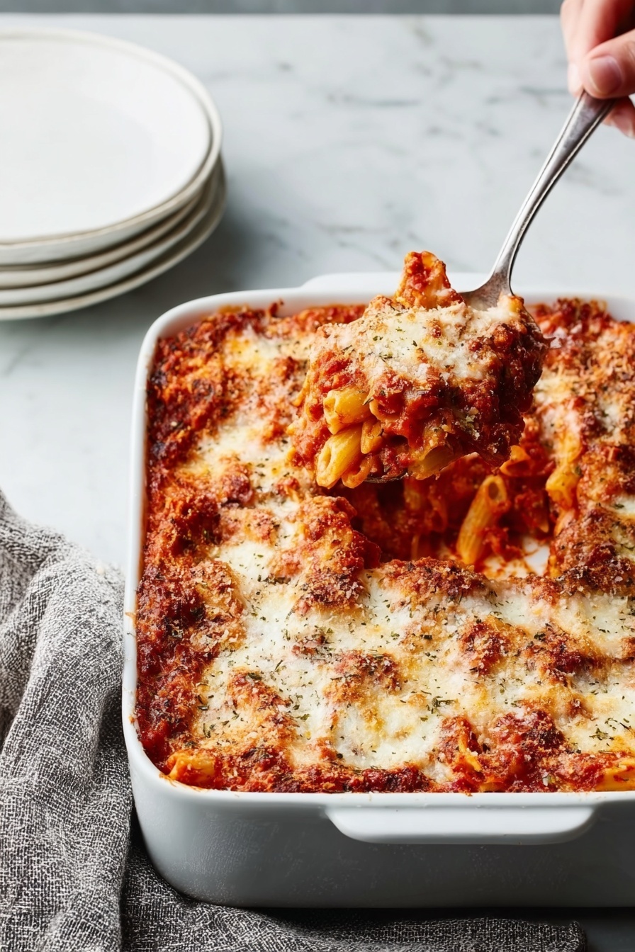 The image shows a white rectangular baking dish filled with baked pasta covered in tomato sauce and melted cheese. The dish features at least two distinct layers: a bottom layer of pasta coated in a rich red tomato sauce with visible herbs, and a thick top layer of bubbling, golden-browned melted cheese that is unevenly spread, giving a textured look. A silver spoon lifts a serving of the pasta from the lower right corner of the dish, revealing more sauce and pasta underneath. The background has a white marbled texture with a white plate stack on the left and a textured gray cloth on the right. A woman's hand holds the spoon, lifting the food. Photo taken with an iphone --ar 2:3 --v 7 - Baked Ziti with Sausage and Cream, cheesy baked pasta, sausage pasta bake, easy comfort food, creamy sausage ziti