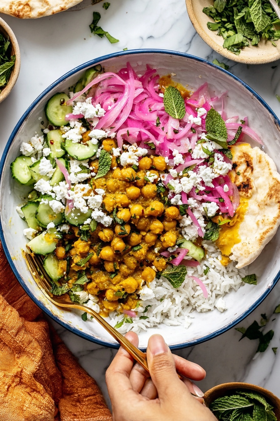 This image shows a white bowl filled with three main layers: on the bottom left, there is a layer of cooked chickpeas with a golden yellow sauce; on the bottom right, there is a layer of white rice; on top, there is a mix of chopped cucumber slices, pink pickled onions, crumbled white cheese, chopped green herbs, and small mint leaves scattered around. A golden fork rests inside the bowl near the chickpeas. A woman's hand is holding a piece of flatbread dipped into the chickpeas layer. The background surface is white marble, and small bowls with green herbs and cucumber slices are placed around the bowl. Photo taken with an iphone --ar 2:3 --v 7 - Mediterranean Chicken Bowls, Spiced Ground Chicken, Mediterranean dinner ideas, quick healthy chicken bowls, flavorful chicken recipes