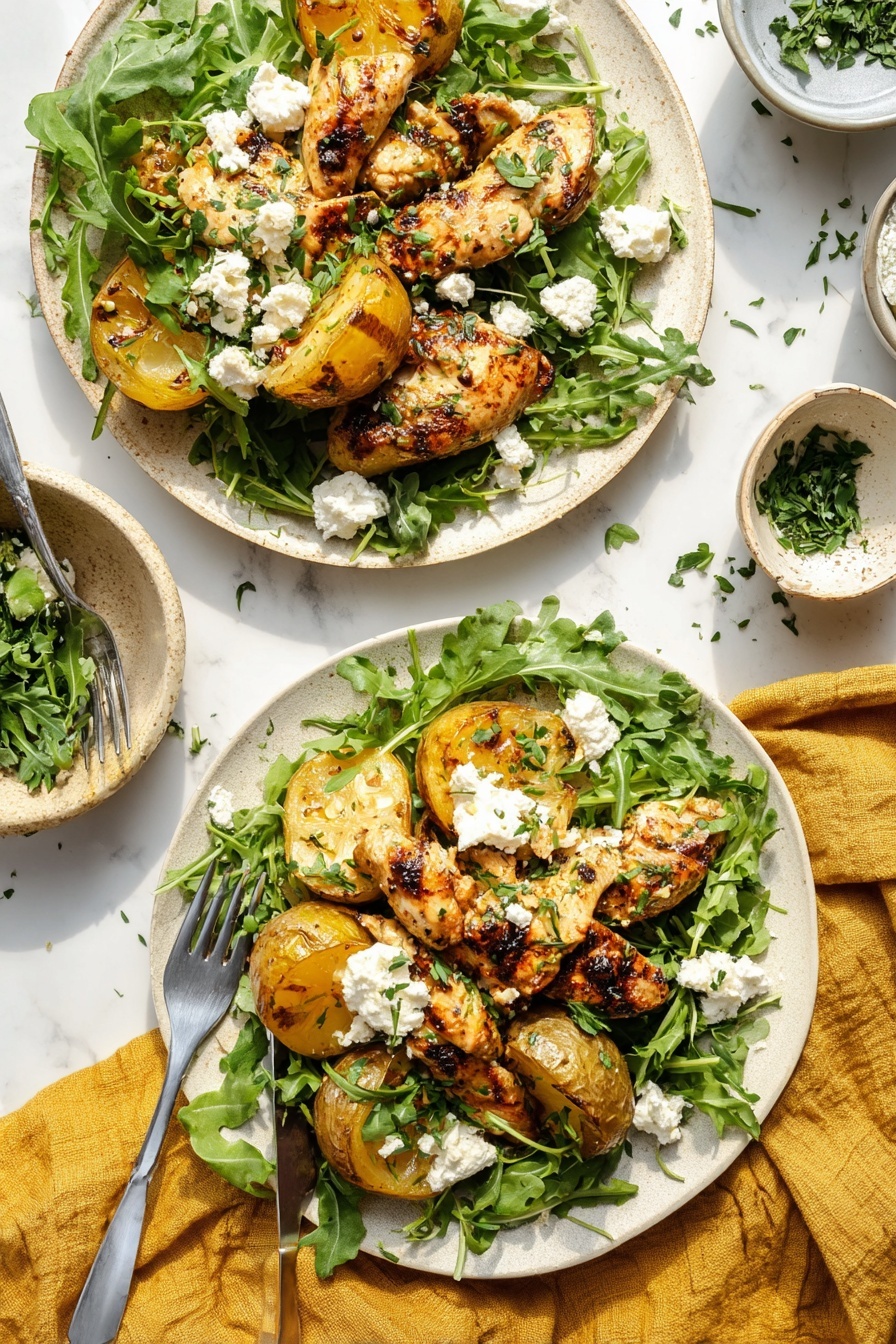 Two white plates sit on a white marbled surface with a soft golden cloth underneath. Each plate holds a bed of fresh green arugula leaves forming the base layer. On top are several pieces of golden-brown cooked chicken, showing light grill marks and a slightly shiny glaze. Mixed among the chicken are caramelized yellow onion slices and halved fingerling potatoes with a crisped, browned surface. Small dollops of white, crumbly cheese are scattered on top, along with fresh green herbs finely chopped and sprinkled for garnish. To the left of the lower plate are a knife and fork resting on the golden cloth, and small bowls with herbs and more cheese sit nearby. The lighting is bright and natural, capturing the textures clearly. photo taken with an iphone --ar 2:3 --v 7 - Lemon Garlic Chicken and Potatoes Bake, easy sheet pan chicken dinner, healthy lemon garlic chicken, flavorful baked chicken and potatoes, quick lemon chicken recipe