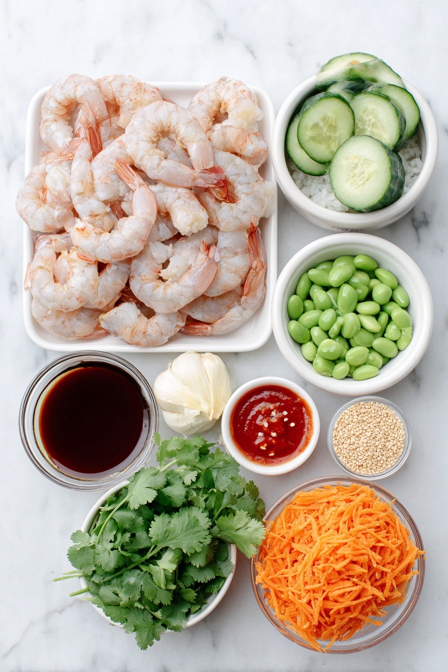 Flat lay of fresh raw shrimp with a light pink hue, a small pile of fluffy white cooked rice, a halved English cucumber with bright green seeds, a cup of vibrant green shelled edamame, thinly sliced orange shredded carrot, a whole glossy green jalapeño pepper, a small bunch of fresh cilantro leaves, a quarter cup of sliced green onion rings, a peeled whole garlic clove, a small pile of freshly grated pale yellow ginger, a small white ceramic bowl of dark reddish-brown low-sodium soy sauce, a small white ceramic bowl of bright red sweet chili sauce, a small white ceramic bowl of vibrant red Sriracha sauce, a small white ceramic bowl with golden light sesame oil, a small white ceramic bowl containing creamy pale mayo, a small white ceramic bowl filled with toasted light brown sesame seeds, and a sprinkle of crushed red pepper flakes -- all arranged with perfect symmetry and balanced proportions on a clean white marble surface, soft natural light, photo taken with an iPhone, professional food photography style, fresh ingredients, white ceramic bowls, no bottles, no duplicates, no utensils, no packaging --ar 2:3 --v 7 --p m7354615311229779997 - Spicy Shrimp Rice Bowls, Shrimp Rice Bowl recipe, spicy seafood bowls, quick shrimp dinner, healthy rice bowl ideas
