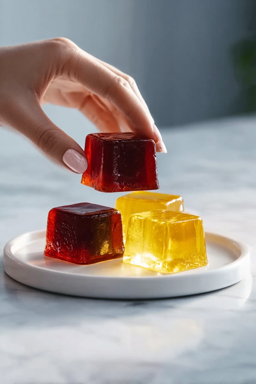 On a white plate with a white marbled surface beneath, there are three jelly squares arranged with two on the plate and one being held above by a woman's hand with light skin and painted nails. The jelly squares have clear, shiny textures with light glowing through them; two are dark red and one is bright yellow, all stacked or placed close together. The scene is soft-lit with a blurred background, giving a calm and clean look photo taken with an iphone --ar 2:3 --v 7 - Gelatin Weight Loss Drink, healthy gelatin drink for weight loss, easy weight loss drink recipe, natural appetite suppressant beverage, quick weight loss drinks