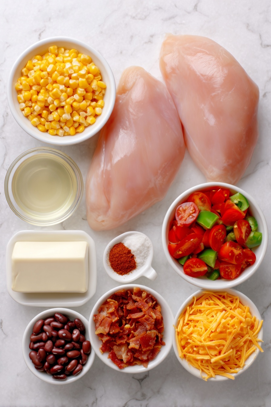 Flat lay of two raw chicken breasts, a small white bowl of bright yellow corn kernels, a small white bowl of shiny black beans, a small white bowl of diced red tomatoes mixed with green chilies, a small white bowl filled with golden chicken broth, a small white bowl containing reddish-brown paprika powder, a small white bowl with light brown cumin powder, a small white bowl of ranch seasoning mix, a block of fresh cream cheese, a small mound of shredded orange cheddar cheese, and a small white bowl of crispy bacon bits, all arranged symmetrically on a clean white marble surface, soft natural light, photo taken with an iPhone, professional food photography style, fresh ingredients, white ceramic bowls, no bottles, no duplicates, no utensils, no packaging --ar 2:3 --v 7 --p m7354615311229779997 - Cream Cheese Crack Chicken Chili, easy chicken chili, cheesy crockpot chili, hearty comfort food, flavorful chicken chili