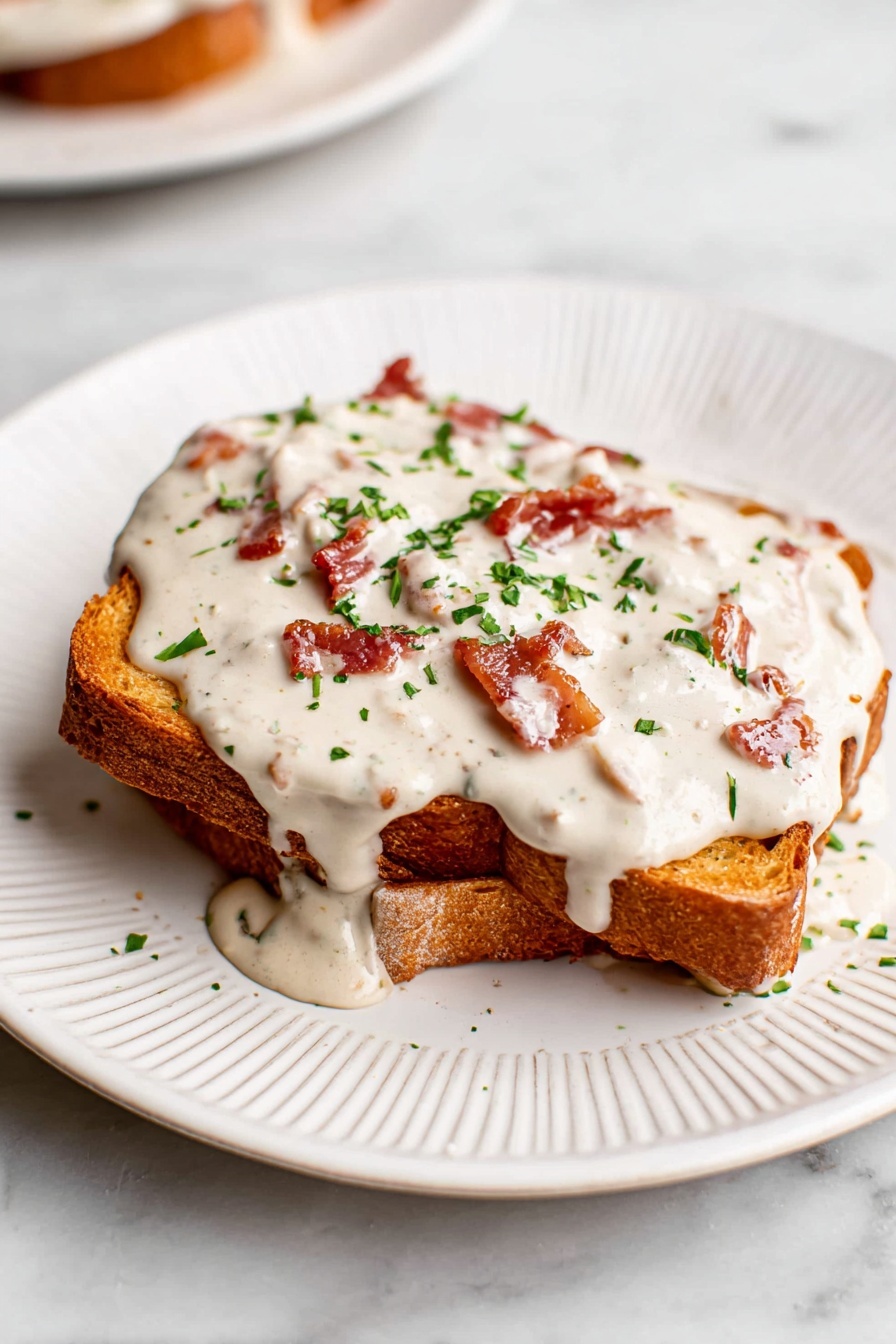 The image shows a close-up of a black pan filled with thick, creamy white sauce mixed with small, thin pieces of reddish-brown meat scattered evenly throughout. A dark brown-handled spoon is partially dipped into the sauce on the right side of the pan. The pan is placed on a white marbled surface with a soft, out-of-focus slice of bread in the background on the upper left side. The texture of the sauce looks smooth with small bits adding visual contrast. Photo taken with an iphone --ar 2:3 --v 7 - Chipped Beef on Toast, easy chipped beef recipe, hearty breakfast ideas, comfort food recipes, quick savory breakfast