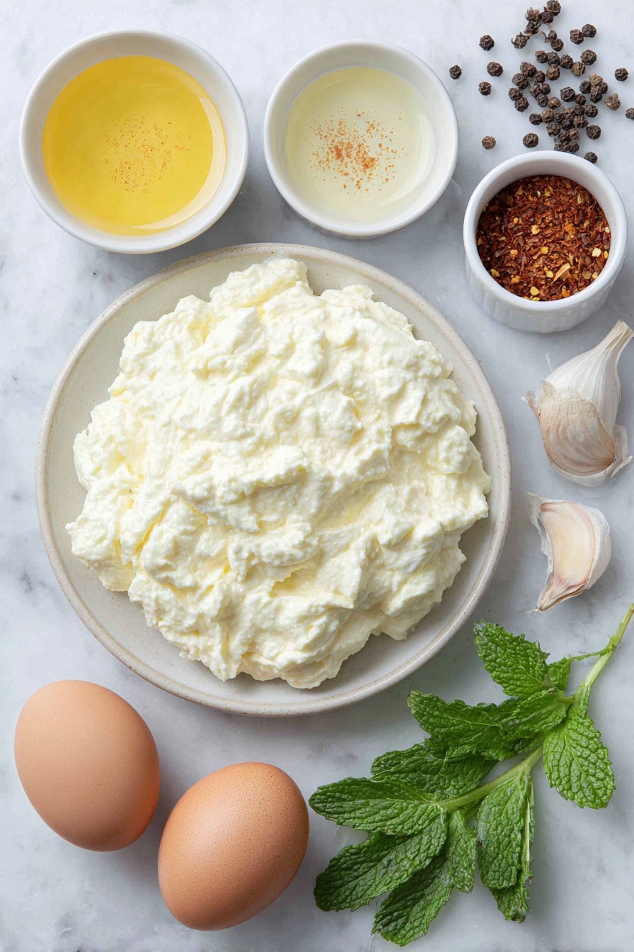 Flat lay of a small mound of creamy Turkish yogurt on a simple white ceramic plate, a few sprigs of fresh dill and fresh mint leaves arranged neatly beside it, a small white bowl with melted golden butter, a small white bowl filled with bright red chili flakes, a small white bowl containing smoked paprika powder, two whole brown eggs with clean shells placed side by side, a small white bowl with clear vinegar, and a halved garlic clove next to a few scattered black peppercorns, all placed on a clean white marble surface, soft natural light, photo taken with an iPhone, professional food photography style, fresh ingredients, white ceramic bowls, no bottles, no duplicates, no utensils, no packaging --ar 2:3 --v 7 --p m7354615311229779997 - Turkish Eggs with Spiced Yogurt, Turkish Eggs recipe, Middle Eastern breakfast, poached eggs with yogurt, spicy butter eggs