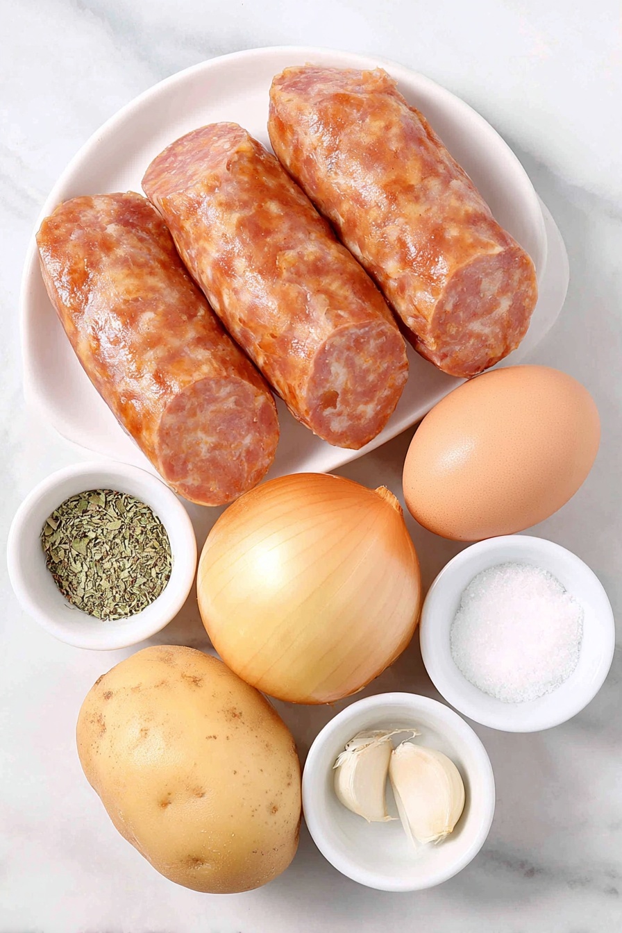 Flat lay of a few slices of fresh kielbasa sausage with a reddish-brown casing, five medium-sized unpeeled russet potatoes, one whole Vidalia onion with shiny golden skin, a single uncracked brown egg with a smooth shell, one garlic clove with papery white skin, a small white bowl of bright reddish paprika powder, a small white bowl of coarse kosher salt, and a small white bowl of dried green oregano leaves, all arranged in perfect symmetry on a simple white ceramic plate and bowls, placed on a clean white marble surface, soft natural light, photo taken with an iPhone, professional food photography style, fresh ingredients, white ceramic bowls, no bottles, no duplicates, no utensils, no packaging --ar 2:3 --v 7 --p m7354615311229779997 - Kielbasa and Potatoes Skillet, Kielbasa and Potatoes skillet recipe, easy kielbasa skillet dinner, one-pan kielbasa and potato meal, hearty sausage and potato recipe