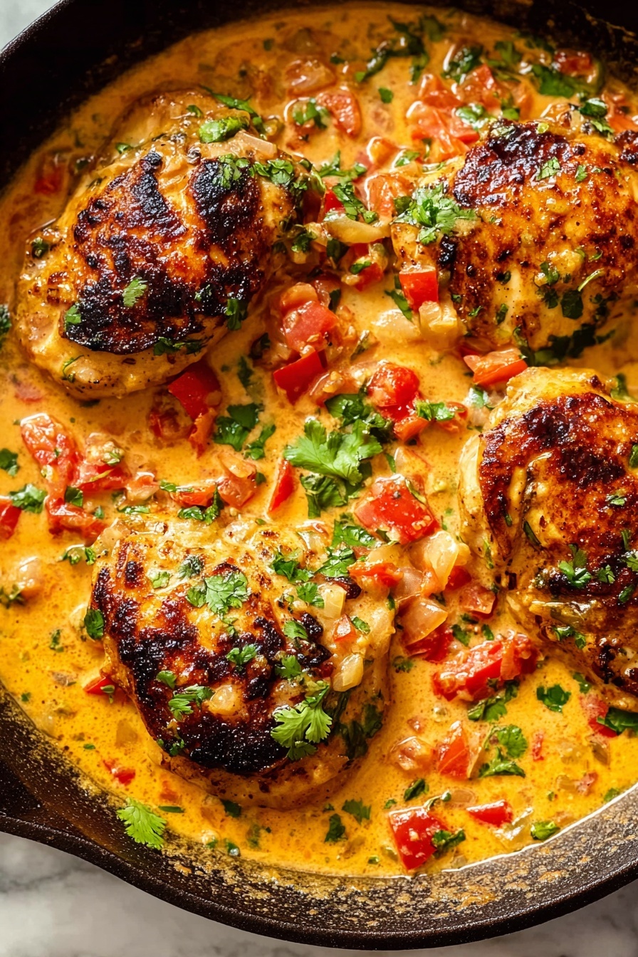 The image shows a skillet filled with four browned pieces of chicken in a creamy orange sauce. The sauce is creamy with visible red tomato chunks and small bits of onion mixed in. Fresh green herbs, likely cilantro or parsley, are scattered across the top and around the chicken, adding color contrast. The chicken pieces have a slightly charred look on some edges, giving a textured surface. The skillet is full and the creamy sauce almost covers the chicken, making it look rich and inviting. The background is a white marbled texture. Photo taken with an iphone --ar 2:3 --v 7 - Coconut Milk Chicken Skillet, coconut chicken recipes, creamy chicken dinner, easy one-pan chicken, flavorful chicken skillet