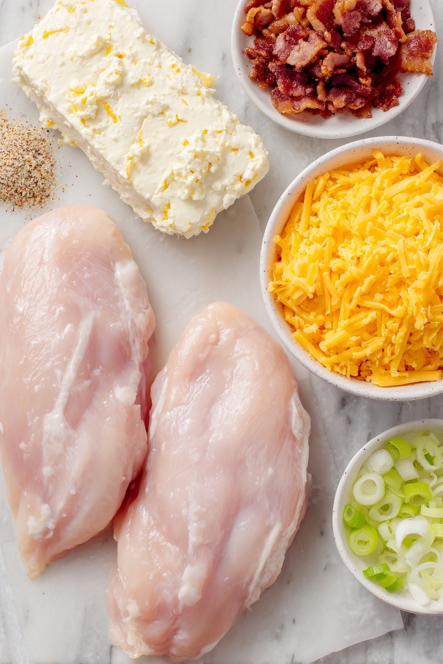 Flat lay of two whole uncut chicken breasts, an unopened small white ceramic bowl with a few sprigs of fresh green onions sliced beside it, a clean block of cream cheese on a simple white ceramic plate, a small white bowl filled with cooked crumbled bacon, a small white bowl of shredded bright orange cheddar cheese, an unopened packet of ranch dressing mix in a minimal plain white ceramic dish, and two soft plain buns, all arranged in perfect symmetry, placed on a clean white marble surface, soft natural light, photo taken with an iPhone, professional food photography style, fresh ingredients, white ceramic bowls, no bottles, no duplicates, no utensils, no packaging --ar 2:3 --v 7 --p m7354615311229779997 - Creamy Crockpot Crack Chicken, easy crockpot chicken dinner, cheesy slow cooker chicken, ranch bacon chicken, comfort food recipes