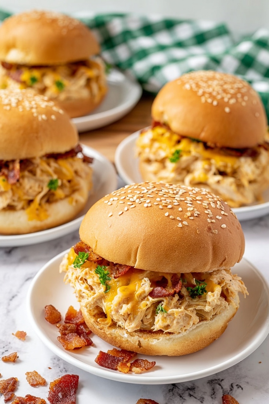 The image shows four chicken sandwiches on white plates placed on a wooden surface. Each sandwich has a soft sesame seed bun with a thick layer of shredded chicken mixed with melted yellow cheese and small pieces of reddish bacon. The chicken filling looks creamy and slightly textured, with bits of green herbs visible inside. One sandwich in the front is in clear focus with the filling spilling slightly over the bun edges, while the other three are in the blurred background. Scattered bacon bits and green herb pieces are visible around the plates, and a blue and white cloth is partially visible in the back. Photo taken with an iphone --ar 2:3 --v 7 - Creamy Crockpot Crack Chicken, easy crockpot chicken dinner, cheesy slow cooker chicken, ranch bacon chicken, comfort food recipes