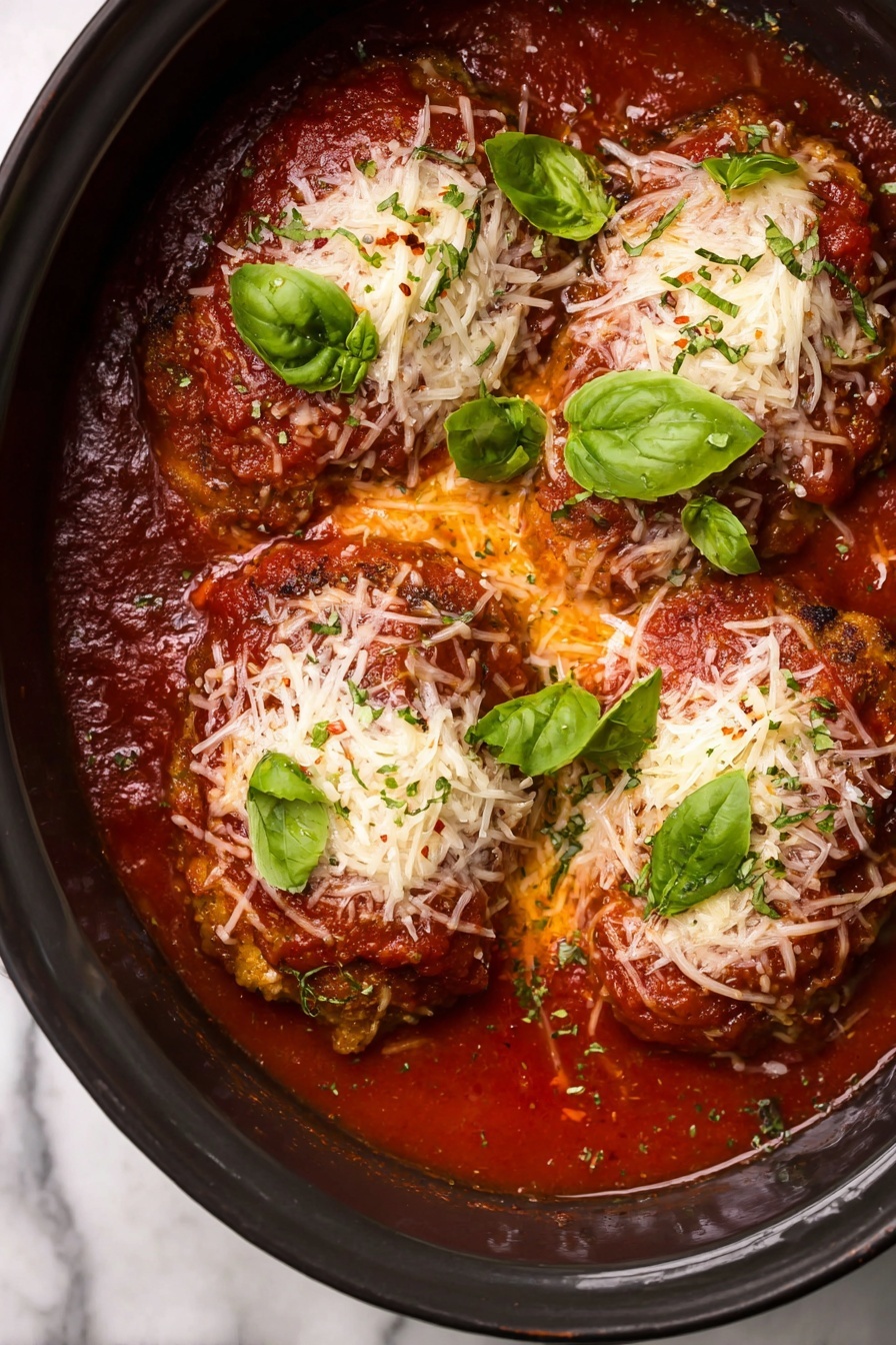 A white bowl holds a plate of spaghetti with tomato sauce as the first layer, showing long, smooth yellow noodles. On top, there is a thick reddish-brown meat layer covered with chunky tomato sauce with visible bits of herbs. The top has melted white cheese sprinkled with green herbs and a fresh green basil leaf in the center. The bowl is set on a white marbled surface with a gold spoon and fork on the side, and blurred green glasses and wooden pepper mills in the background. photo taken with an iphone --ar 2:3 --v 7 - Crockpot Chicken Parmesan, easy chicken parmesan, slow cooker Italian dinner, effortless chicken pasta, comforting chicken recipes