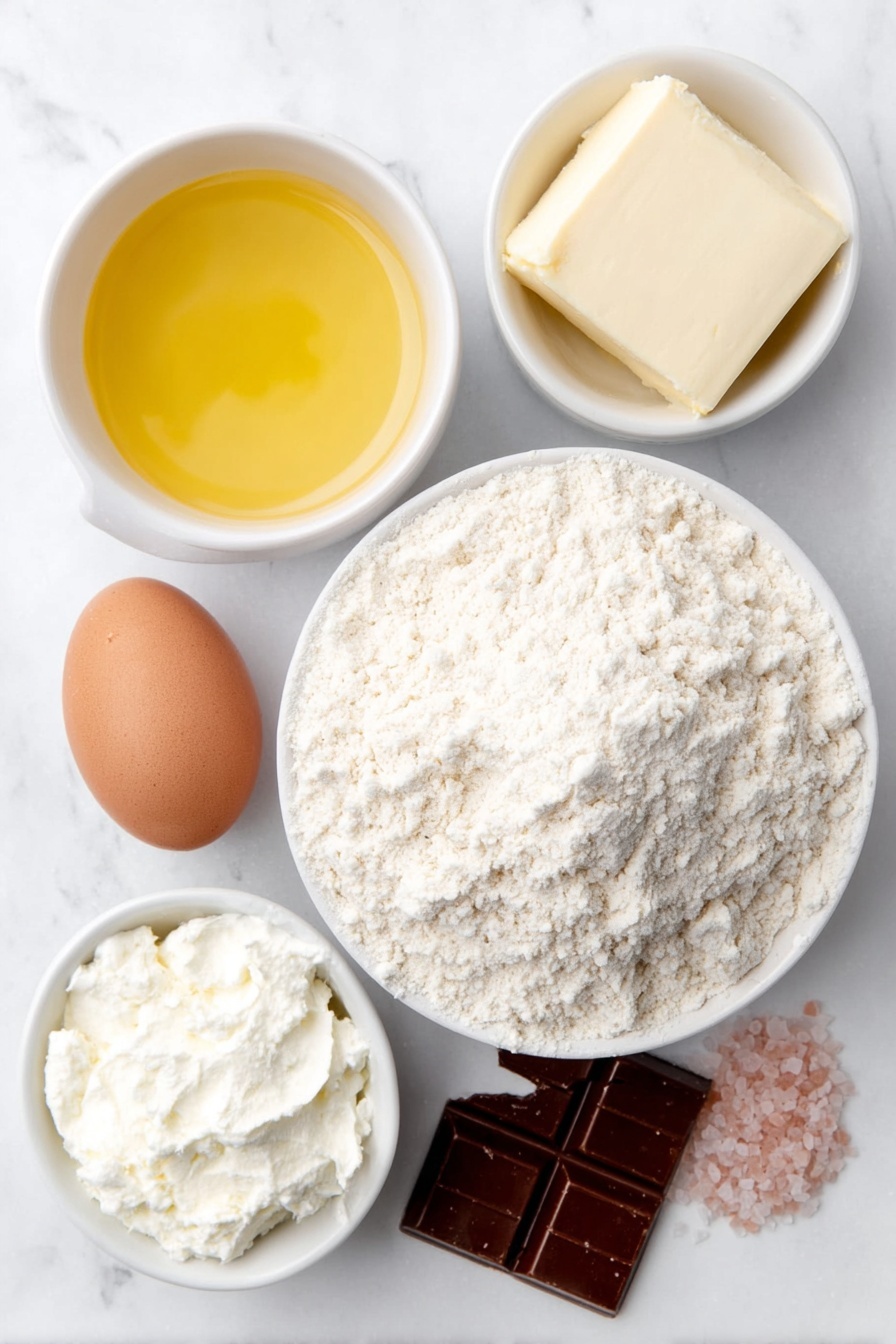 Flat lay of a small mound of pale pink strawberry cake mix powder, a small white ceramic bowl with melted golden butter, one large whole egg with a clean shell, a small white ceramic bowl with soft white cream cheese, a few loose pink granulated sugar crystals scattered gently nearby, and a neat cluster of smooth milk chocolate Hershey’s Kisses with shiny foil removed, all arranged symmetrically in perfect balance on a clean white marble surface, soft natural light, photo taken with an iPhone, professional food photography style, fresh ingredients, white ceramic bowls, no bottles, no duplicates, no utensils, no packaging --ar 2:3 --v 7 --p m7354615311229779997 - Strawberry Kiss Cookies, fruity cookie recipes, easy strawberry cookies, chocolate surprise cookies, pink dessert recipes