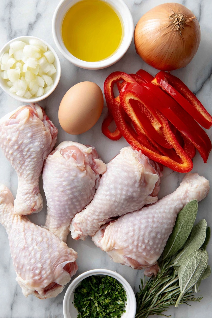 Flat lay of fresh bone-in, skin-on chicken legs and drumsticks arranged beside a whole uncracked brown egg, a medium yellow onion thinly sliced, a large red bell pepper sliced into strips, several peeled garlic cloves sliced, small white ceramic bowls containing extra-virgin olive oil, dry white wine, crushed whole peeled tomatoes with reserved juices, and sprigs of fresh rosemary and sage plus a bay leaf, alongside a small white ceramic bowl with minced flat-leaf parsley, all placed symmetrically on a clean white marble surface, soft natural light, photo taken with an iPhone, professional food photography style, fresh ingredients, white ceramic bowls, no bottles, no duplicates, no utensils, no packaging --ar 2:3 --v 7 --p m7354615311229779997 - Chicken Cacciatore with Red Peppers, Italian chicken stew, hearty chicken dinner, rustic chicken cacciatore, red pepper chicken recipe
