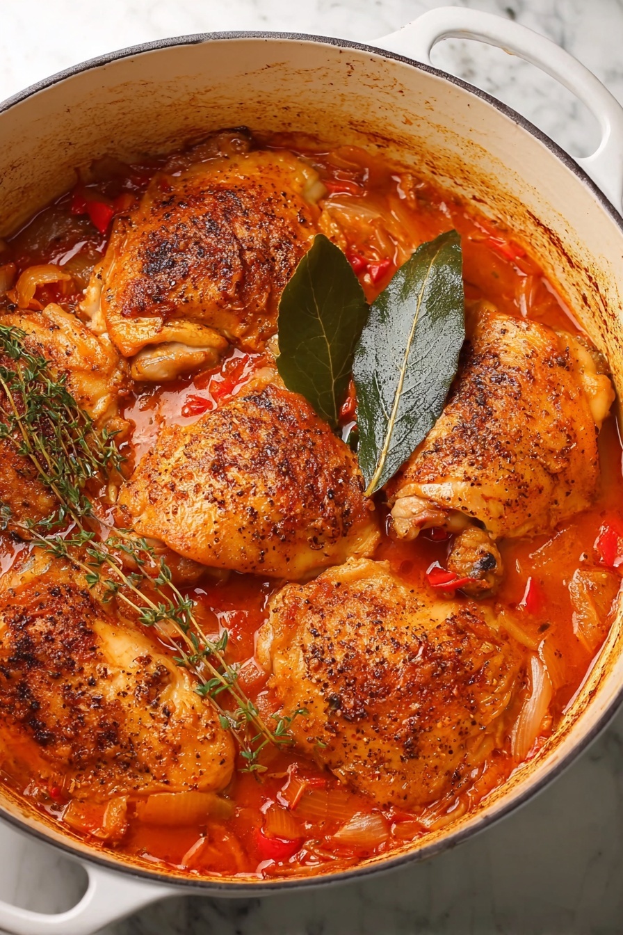 A white pot filled with five cooked chicken pieces partly covered by a rich orange-red sauce with bits of red peppers and onions visible. The chicken skin is browned and seasoned with black pepper, showing a textured surface. On top of the chicken, there is a sprig of fresh thyme and a large green bay leaf. The pot sits on a white marbled surface. photo taken with an iphone --ar 2:3 --v 7 - Chicken Cacciatore with Red Peppers, Italian chicken stew, hearty chicken dinner, rustic chicken cacciatore, red pepper chicken recipe