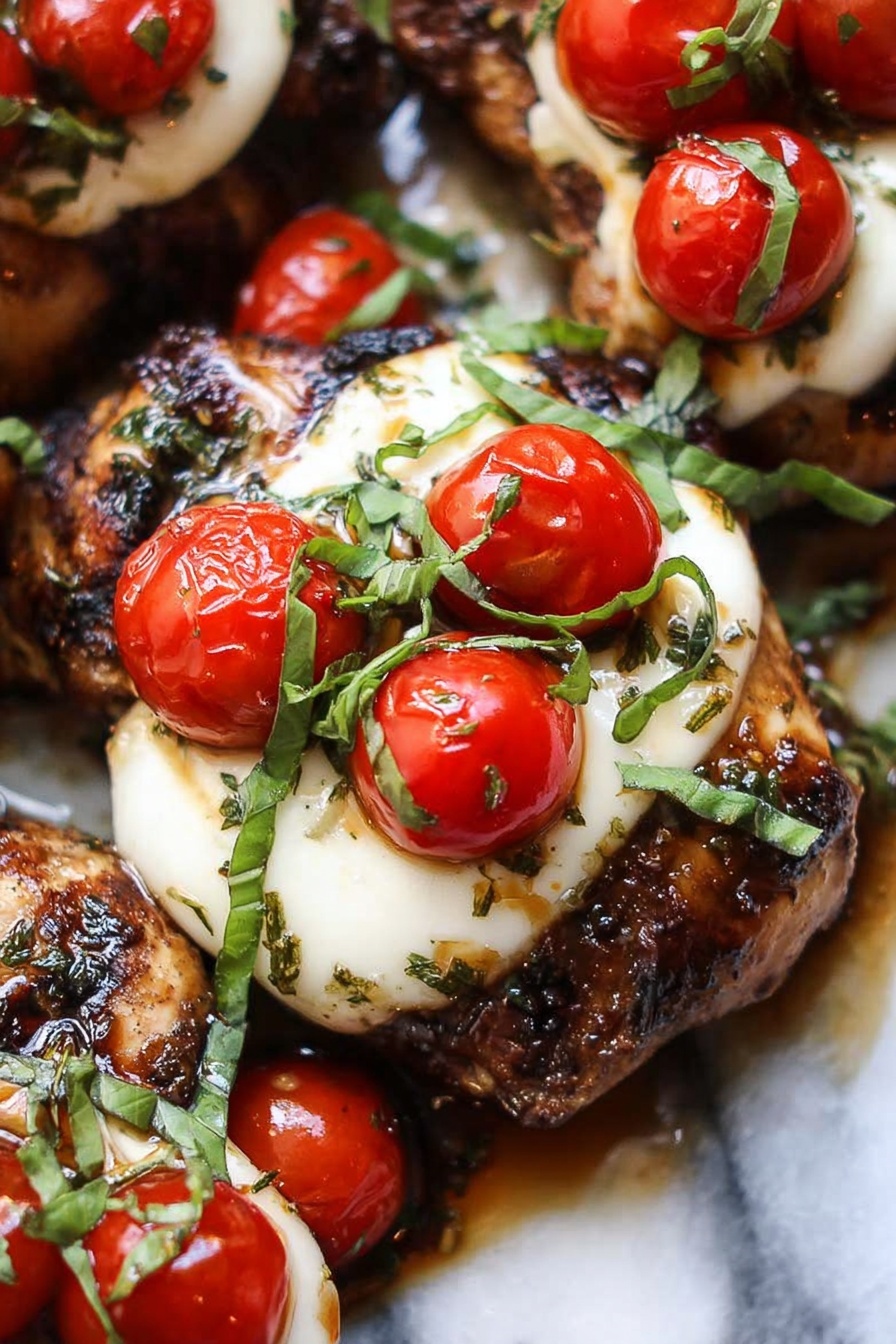 The image shows grilled chicken pieces topped with smooth, white melted cheese. Each chicken piece is dark brown with grill marks and herbs visible on the surface. On top of the cheese layer, there are halved cherry tomatoes that are bright red and glossy. Thin strips of fresh green basil leaves are scattered over the tomatoes, adding a fresh touch. There is a shiny glaze or sauce around the chicken, making the dish look moist. The background is a white marbled surface. photo taken with an iphone --ar 2:3 --v 7 - Balsamic Glazed Caprese Chicken, Italian chicken recipes, easy chicken dinner, healthy chicken with balsamic glaze, Caprese chicken thighs
