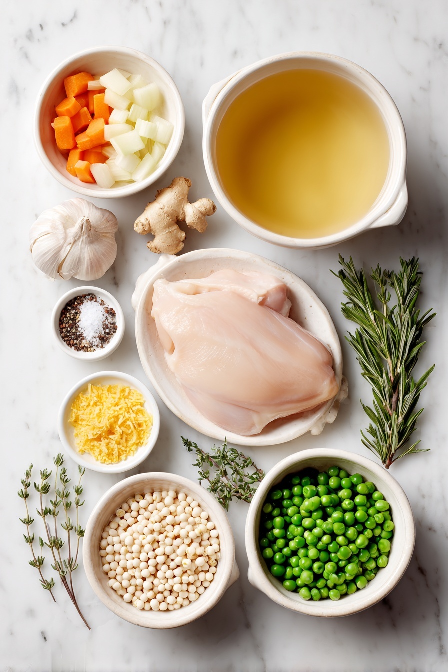 Flat lay of a small white ceramic bowl with golden avocado oil, six peeled garlic cloves, one whole yellow onion diced, two large carrots thinly sliced, two celery stalks roughly chopped, a small white bowl with freshly grated bright yellow turmeric, a small white bowl with freshly grated pale beige ginger, a simple white ceramic bowl filled with clear chicken broth, one raw boneless skinless chicken breast, a few sprigs of fresh green rosemary, a few sprigs of fresh thyme with stems removed, a small white bowl with coarse salt, a small white bowl of freshly ground black pepper, one small white bowl heaped with pearl couscous, and a small white bowl with a handful of plump fresh green peas, placed on a clean white marble surface, soft natural light, photo taken with an iPhone, professional food photography style, fresh ingredients, white ceramic bowls, no bottles, no duplicates, no utensils, no packaging --ar 2:3 --v 7 --p m7354615311229779997 - Healing Chicken and Couscous Soup, nourishing chicken soup with ginger and turmeric, healthy comforting chicken soup, quick healing soup recipe, anti-inflammatory chicken soup