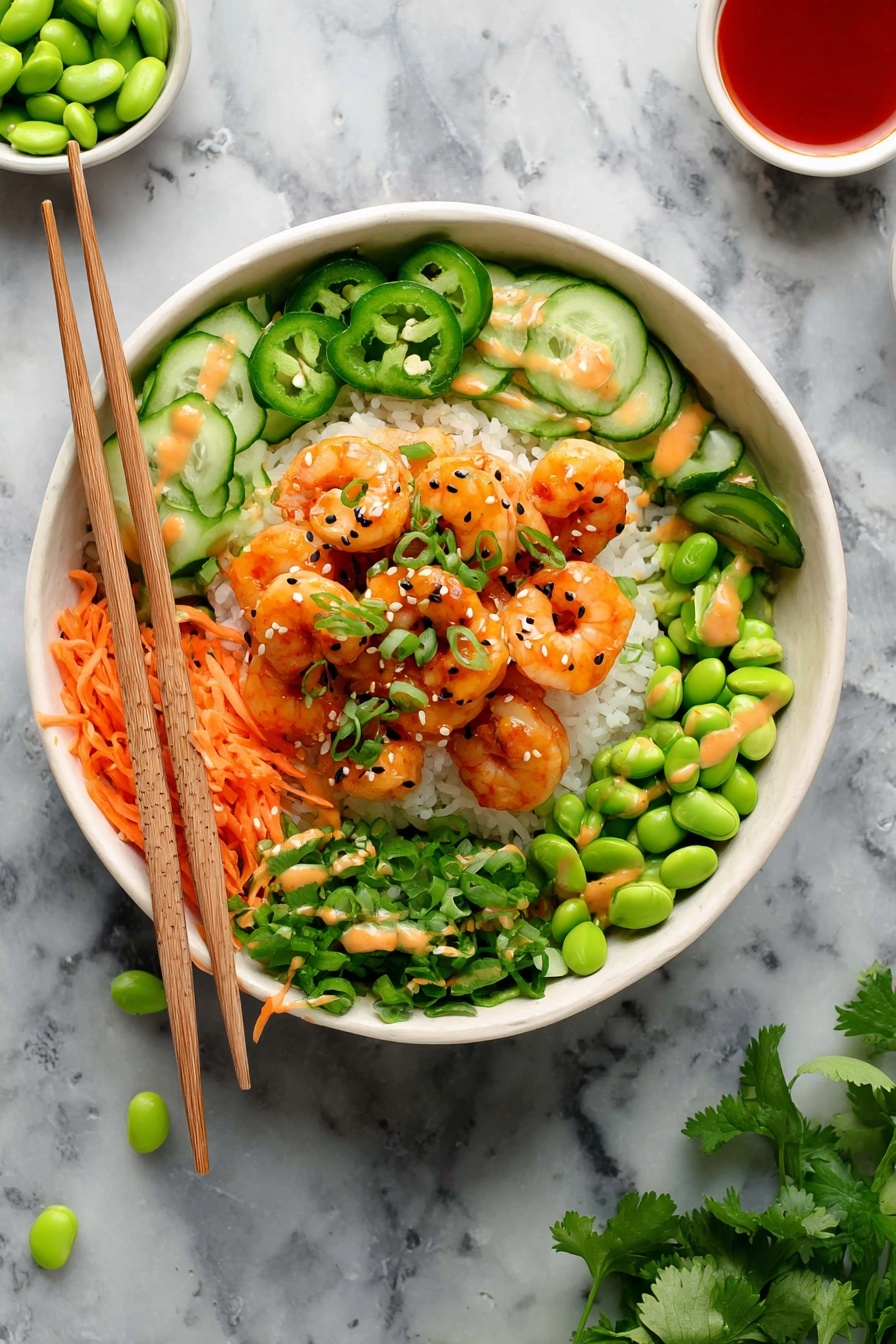 A white bowl on a white marbled surface holds a colorful shrimp rice bowl. The bottom layer is white rice, topped with bright orange cooked shrimp glazed with sauce and sprinkled with green scallions and black sesame seeds in the center. Around the shrimp, there are thin slices of green jalapeño peppers on the top left, thin cucumber slices drizzled with a light orange sauce on the top right, bright green edamame beans on the lower right, shredded orange carrots on the lower left, and some fresh cilantro leaves on the far left. Light brown wooden chopsticks rest on the left side of the bowl with a couple of loose green edamame beans nearby. Parts of two small bowls with red sauce and edamame are seen at the top of the image. There is fresh cilantro at the bottom of the scene. The photo taken with an iphone --ar 2:3 --v 7 - Spicy Shrimp Rice Bowls, Shrimp Rice Bowl recipe, spicy seafood bowls, quick shrimp dinner, healthy rice bowl ideas