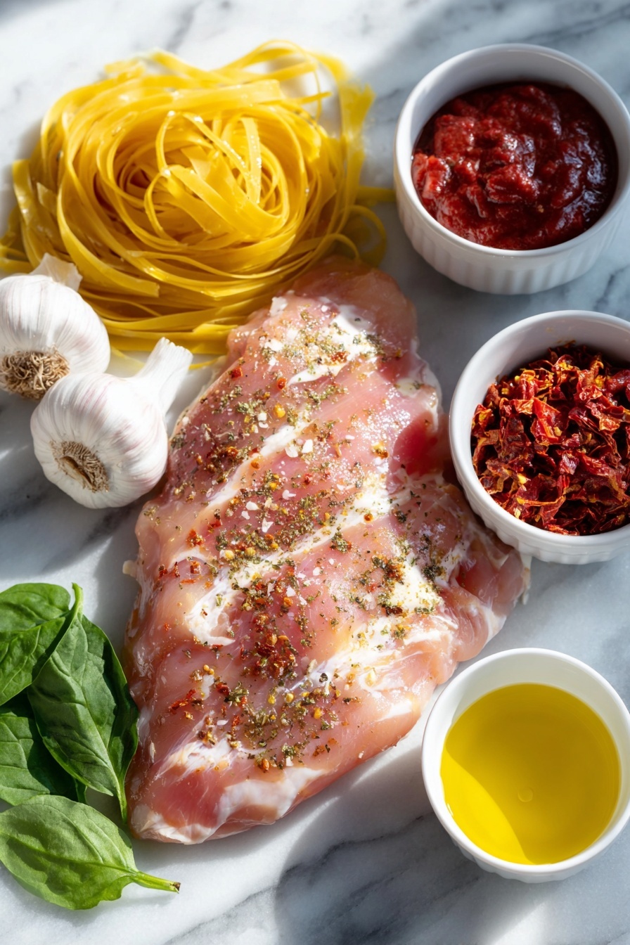 Flat lay of a sliced raw chicken breast lightly dusted with smoked paprika and oregano, three whole uncracked garlic cloves, a small white ceramic bowl with a rich red tomato puree, a small white ceramic bowl of golden sun dried tomato oil, a small white ceramic bowl with smooth butter, a small white ceramic bowl of creamy double/heavy cream, a small white ceramic bowl with clear chicken stock, a mound of uncooked linguine pasta strands neatly arranged, a small pile of finely diced sun dried tomatoes, a small heap of freshly grated parmesan cheese, a small bunch of vibrant fresh basil leaves finely diced, and a handful of fresh baby spinach leaves, all placed on a clean white marble surface, soft natural light, photo taken with an iPhone, professional food photography style, fresh ingredients, white ceramic bowls, no bottles, no duplicates, no utensils, no packaging --ar 2:3 --v 7 --p m7354615311229779997 - Creamy Tuscan Chicken Pasta, Tuscan Chicken Pasta, Creamy Chicken Pasta, Easy Creamy Pasta Recipes, Chicken Pasta Dinner Ideas