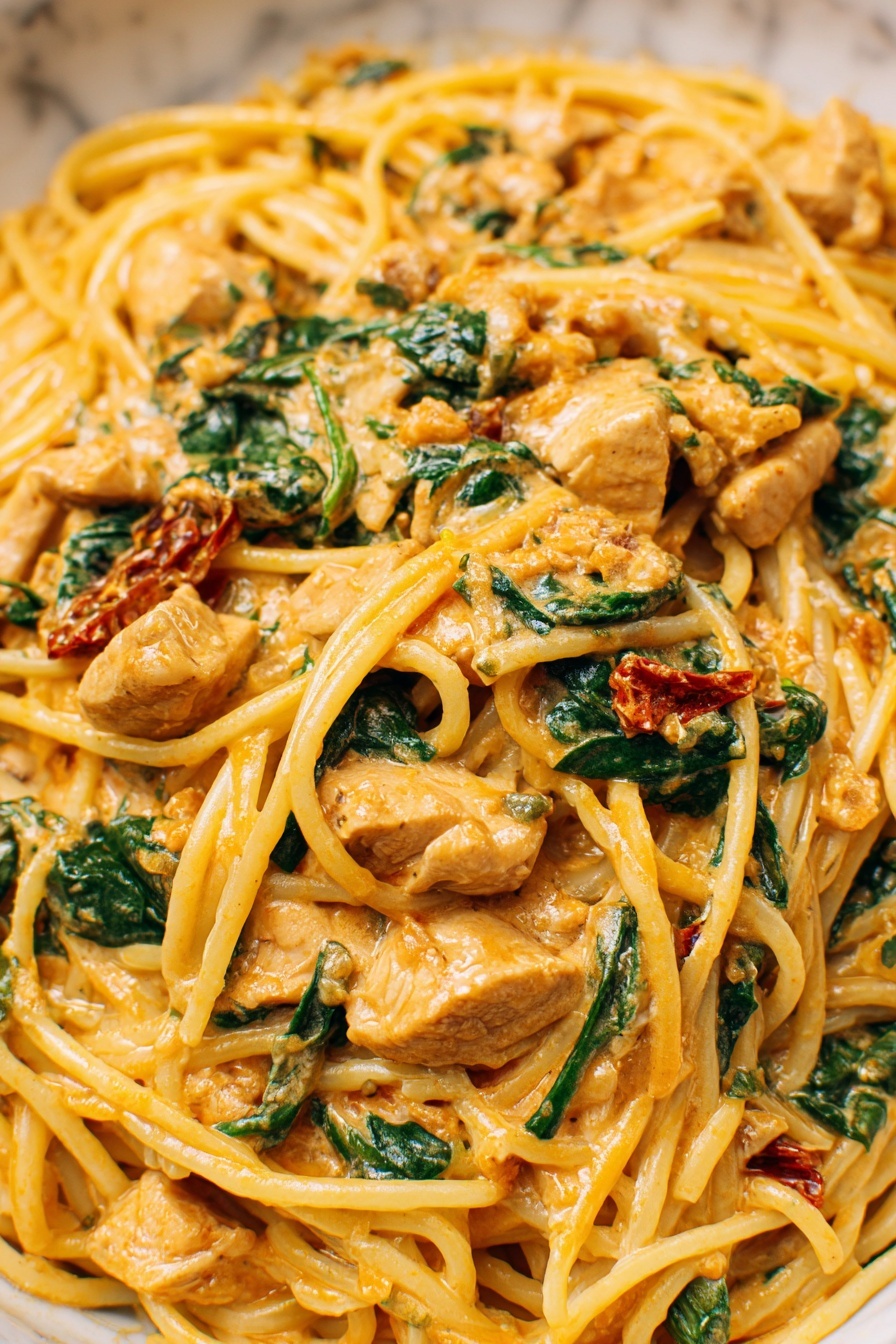 The image shows a close-up of creamy pasta with three main layers. The bottom layer is long, thin spaghetti noodles in a light golden yellow color, twisted and piled together. The middle layer consists of cooked chicken pieces that are light beige with some browning, mixed evenly with the pasta. The top layer is a creamy orange sauce coating everything, with visible small green spinach leaves and tiny pieces of red sun-dried tomatoes scattered throughout, adding bursts of green and red color. The texture looks smooth and slightly thick, covering all the pasta and chicken pieces on a white marbled surface. photo taken with an iphone --ar 2:3 --v 7 - Creamy Tuscan Chicken Pasta, Tuscan Chicken Pasta, Creamy Chicken Pasta, Easy Creamy Pasta Recipes, Chicken Pasta Dinner Ideas