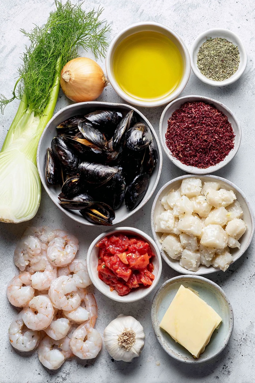 Flat lay of a small white ceramic bowl of golden olive oil, a small white ceramic bowl with a pat of creamy butter, a whole fresh fennel bulb with green fronds, a small whole yellow onion, several whole garlic cloves, tiny piles of dried thyme, paprika, saffron threads, and cayenne pepper arranged separately on the white ceramic surface, a small white ceramic bowl filled with clear dry white wine, a small white ceramic bowl of clam juice, a small white ceramic bowl of bright red diced tomatoes with juices, two fresh green bay leaves, fresh raw halibut fillets cut into chunks, a cluster of shiny black mussels, plump raw sea scallops, peeled and deveined raw shrimp with tails, small bunches of fresh basil and fresh parsley leaves, all ingredients spaced symmetrically and balanced in proportion, placed on a clean white marble surface, soft natural light, photo taken with an iPhone, professional food photography style, fresh ingredients, white ceramic bowls, no bottles, no duplicates, no utensils, no packaging --ar 2:3 --v 7 --p m7354615311229779997 - Seafood Bouillabaisse, Quick Seafood Soup, Easy Bouillabaisse Recipe, Weeknight Seafood Dinner, Seafood Stew