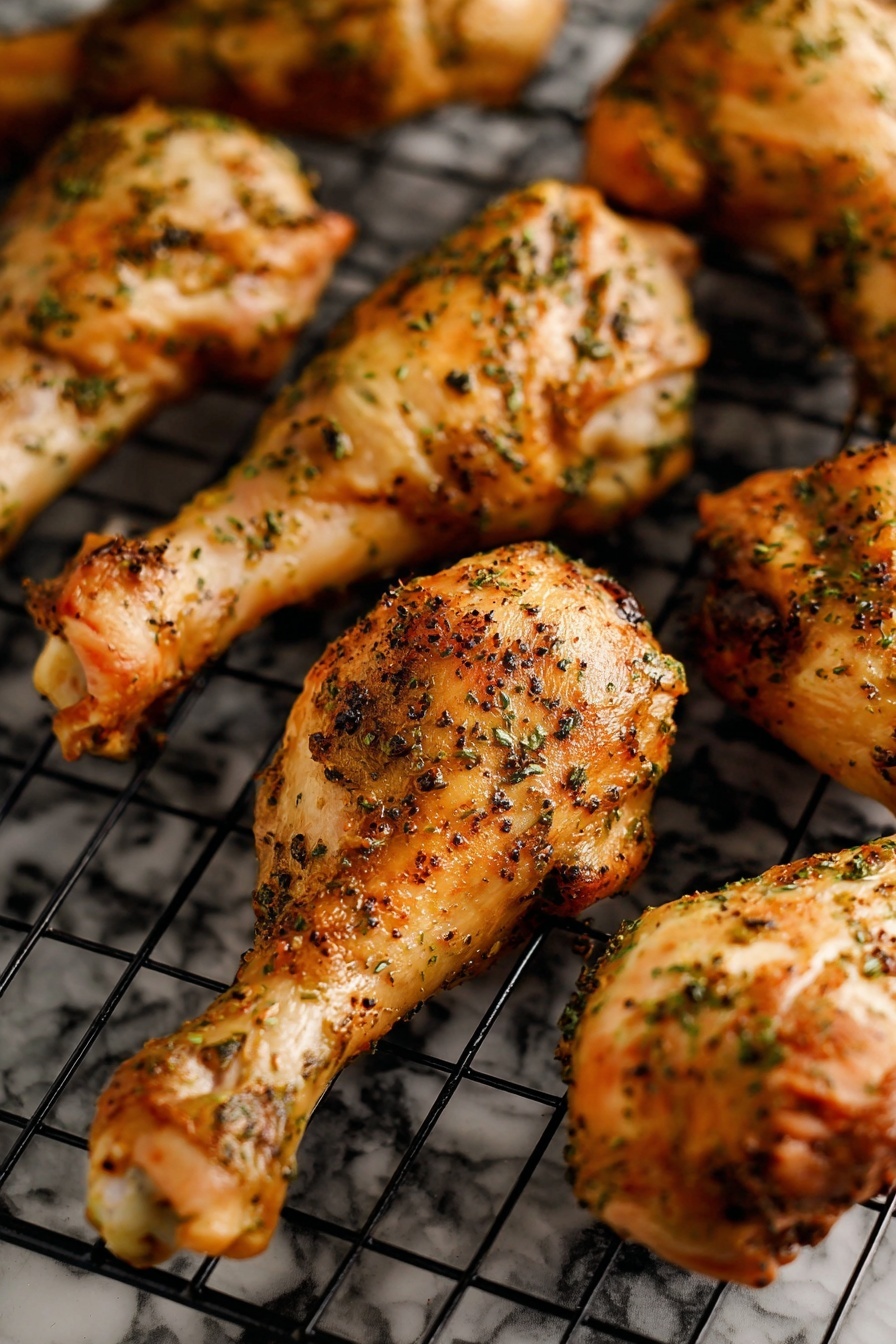 A white plate with a thin black rim is piled high with several cooked chicken drumsticks. Each drumstick has a golden-brown color with a textured surface from the herbs and spices sprinkled generously all over them. Small green bits of seasoning are visible on the chicken and scattered lightly around the plate. The plate sits on a white marbled surface, and the background is softly blurred, keeping the focus on the drumsticks. Photo taken with an iphone --ar 2:3 --v 7 - Crispy Baked Chicken Legs, baked chicken thighs, crispy chicken drumsticks, easy chicken dinner, healthy baked chicken recipe