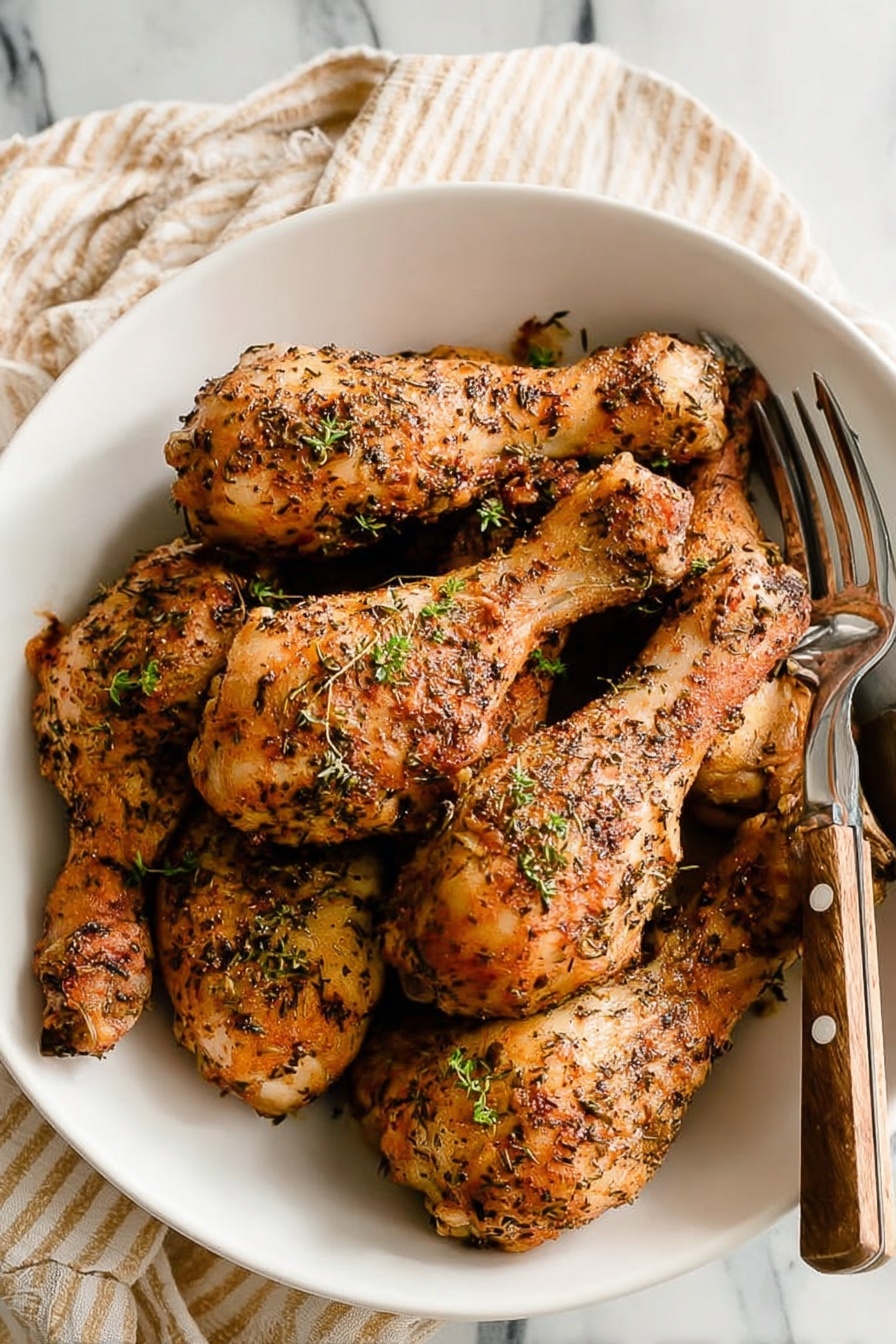 A white bowl filled with several golden-brown chicken drumsticks, each covered with dry herbs and small green garnish pieces. The drumsticks have a slightly crispy texture with visible seasoning scattered all over. A fork and knife with wooden handles rest inside the bowl on the right side. The bowl sits on a white marbled surface with a beige-striped cloth partially shown on the left side. photo taken with an iphone --ar 2:3 --v 7 - Crispy Baked Chicken Legs, baked chicken thighs, crispy chicken drumsticks, easy chicken dinner, healthy baked chicken recipe