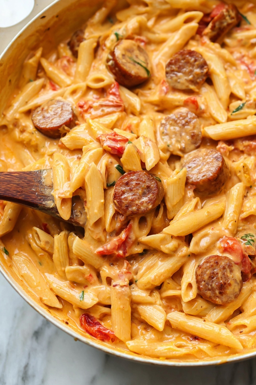 The image shows a close-up of a creamy pasta dish in a white pan on a white marbled surface. The dish has three main layers: a base layer of short, tube-shaped penne pasta in a pale yellow color, mixed evenly with slices of browned sausage pieces that are round with a slightly crispy texture on the edges, and small chunks of red tomatoes scattered throughout. The top layer is a thick, orange-colored creamy sauce that coats the pasta, sausage, and tomatoes fully, creating a rich and smooth texture. A wooden spoon is partially visible in the pan, lifting some pasta and sausage, with a woman's hand holding the spoon carefully. photo taken with an iphone --ar 2:3 --v 7 - Cheesy Kielbasa Pasta, Kielbasa Pasta, Easy Kielbasa Pasta, One-Pan Cheesy Pasta, Quick Kielbasa Pasta Dinner