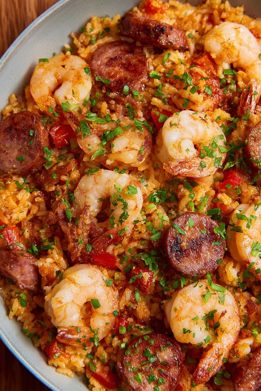 The dish has many layers mixed together, with orange-colored rice as the base layer, soft and slightly oily with small pieces of green herbs sprinkled on top. Scattered above the rice are light pink shrimp with a smooth texture and slightly curled tails, along with browned sausage slices that have a firm, slightly crispy surface and dark edges. There are also small pieces of red diced vegetables mixed throughout, adding touches of color. The entire mix is vibrant with shades of orange, red, green, and light pink, creating a rich, hearty look. Photo taken with an iphone --ar 2:3 --v 7 - Easy Shrimp and Sausage Jambalaya, Cajun shrimp and sausage dinner, quick jambalaya recipe, one-pot Cajun meal, hearty shrimp and sausage dish