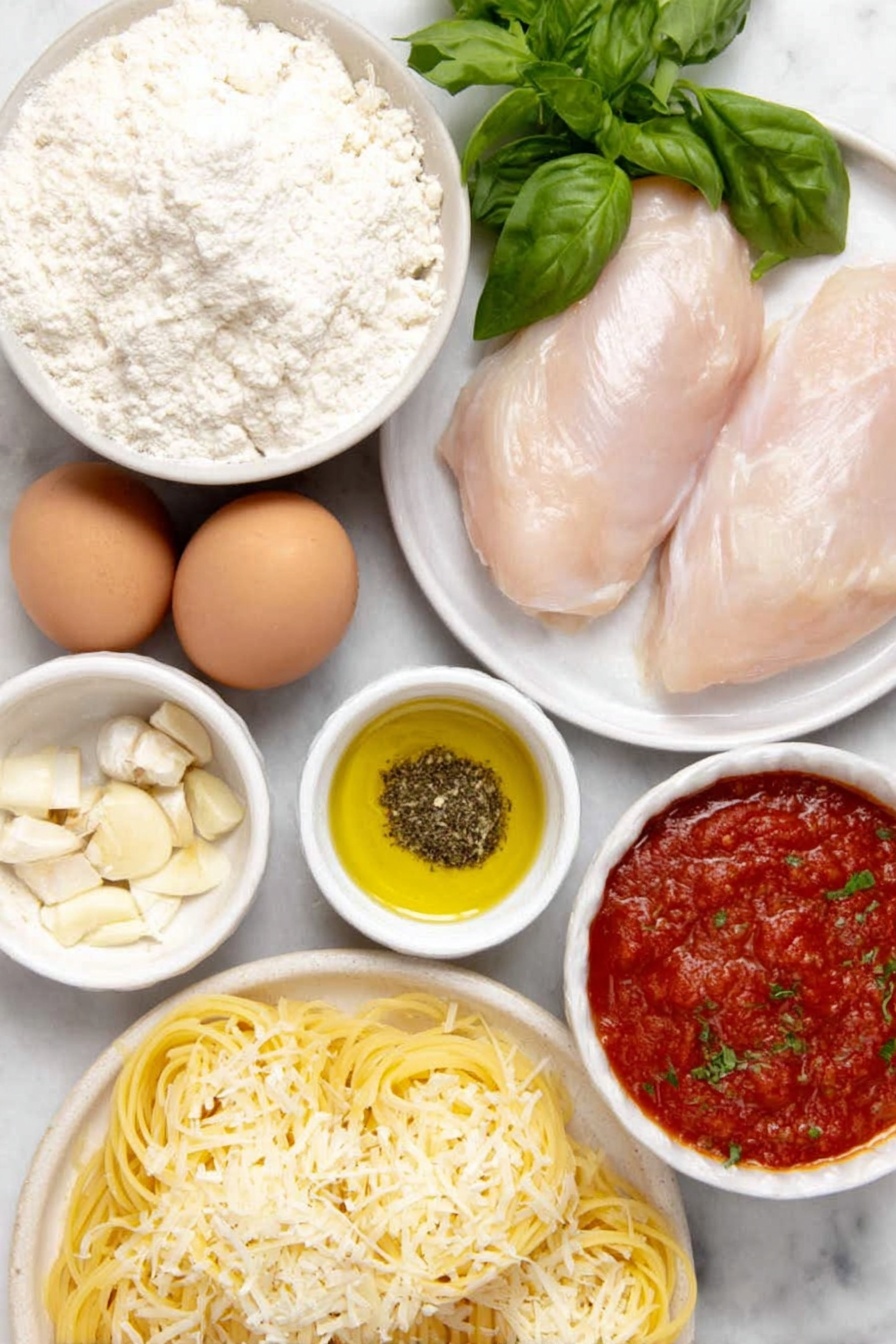 Flat lay of four raw boneless skinless chicken breasts seasoned with salt and black pepper, a small white bowl of all-purpose flour, two whole uncracked brown eggs, a small white bowl filled with Italian-style breadcrumbs mixed with grated Parmesan cheese, a small white bowl with golden olive oil, two small white bowls containing rich red pasta sauce and smooth tomato sauce, a small white bowl of minced fresh garlic, a small white bowl of Italian seasoning, a small mound of shredded mozzarella cheese, a neatly coiled bundle of cooked spaghetti noodles, and fresh sprigs of parsley and basil arranged symmetrically on a simple white ceramic plate, placed on a clean white marble surface, soft natural light, photo taken with an iPhone, professional food photography style, fresh ingredients, white ceramic bowls, no bottles, no duplicates, no utensils, no packaging --ar 2:3 --v 7 --p m7354615311229779997 - Crockpot Chicken Parmesan, easy chicken parmesan, slow cooker Italian dinner, effortless chicken pasta, comforting chicken recipes