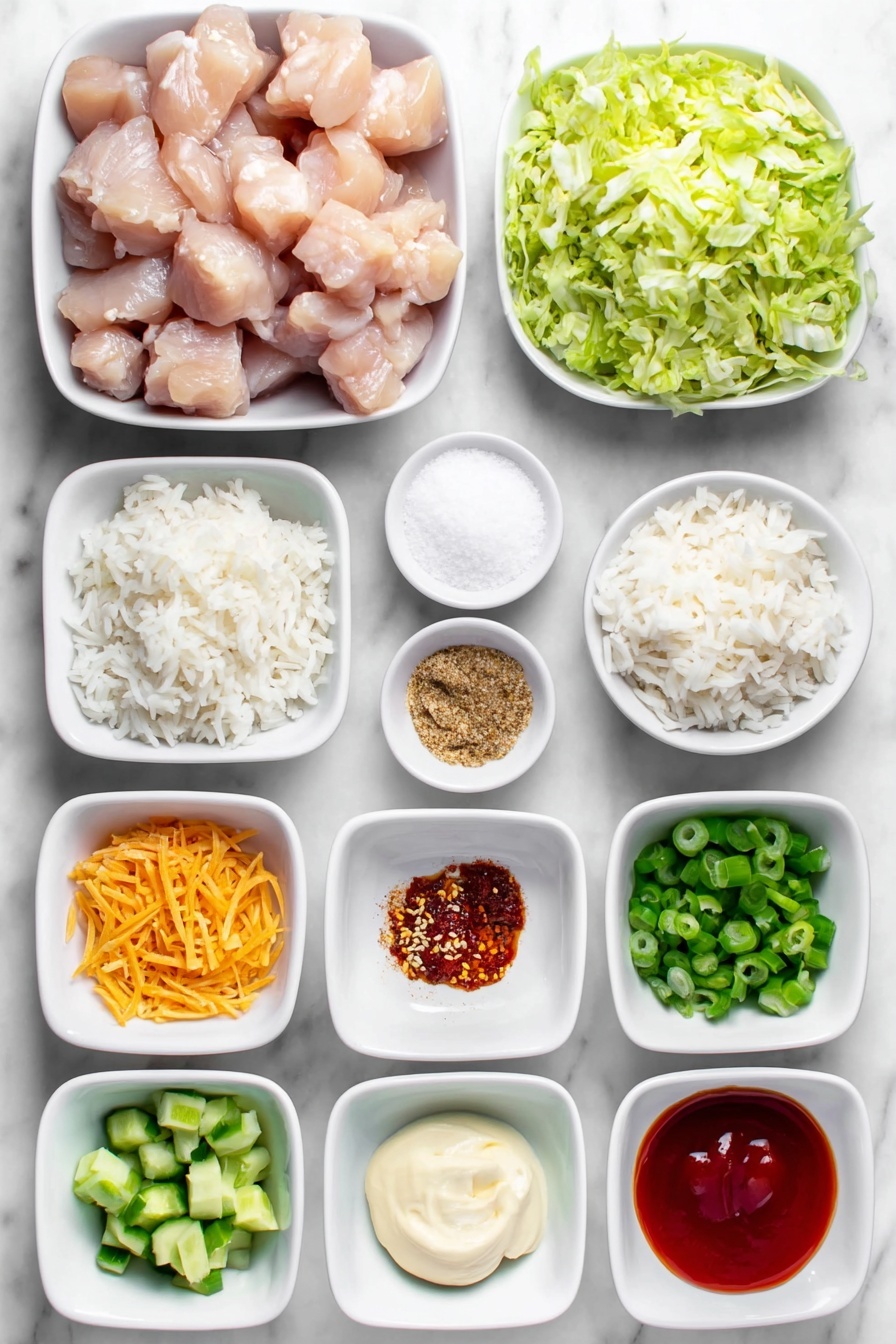 Flat lay of bite-sized pieces of raw boneless skinless chicken breasts, a small white bowl of fine cornstarch, a small white bowl of coarse salt, a small white bowl of ground black pepper, a small white bowl of garlic powder, a small white bowl of paprika, a small white bowl of vegetable oil, a mound of fluffy cooked jasmine rice, a small pile of shredded green lettuce, a small pile of diced fresh cucumber, a small pile of shredded orange carrots, a small pile of chopped green onions, a small white bowl of creamy mayonnaise, a small white bowl of bright red sweet chili sauce, a small white bowl of vivid red sriracha sauce, scattered light sesame seeds, all arranged symmetrically in simple white ceramic bowls and plates, placed on a clean white marble surface, soft natural light, photo taken with an iPhone, professional food photography style, fresh ingredients, white ceramic bowls, no bottles, no duplicates, no utensils, no packaging --ar 2:3 --v 7 --p m7354615311229779997 - Bang Bang Chicken Bowl, Chicken Bowl Recipe, Easy Weeknight Dinner, Crispy Chicken and Veggie Bowls, Spicy Chicken Rice Bowl