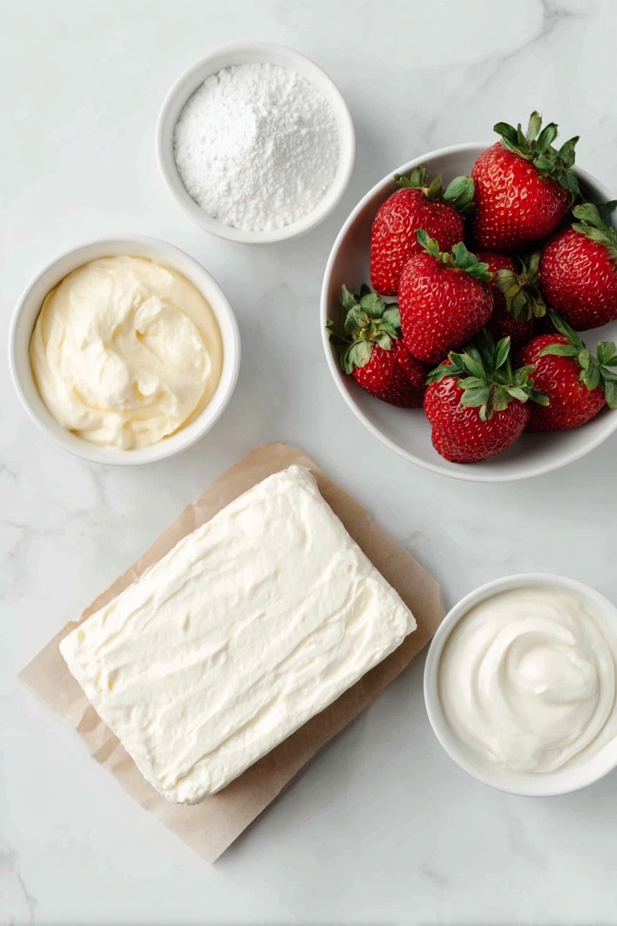 Flat lay of a small block of cream cheese with a smooth surface, a small bowl of thick creamy coconut cream, a small white ceramic bowl filled with fine white powdered sugar, five fresh medium-sized strawberries with green leafy tops intact, a small white bowl holding pale vanilla bean paste, and a small white bowl of creamy yogurt, all arranged in perfect symmetry in natural daylight, placed on a clean white marble surface, soft natural light, photo taken with an iPhone, professional food photography style, fresh ingredients, white ceramic bowls, no bottles, no duplicates, no utensils, no packaging --ar 2:3 --v 7 --p m7354615311229779997 - Strawberry Mousse, easy strawberry mousse, quick strawberry dessert, homemade strawberry mousse, fresh berry mousse