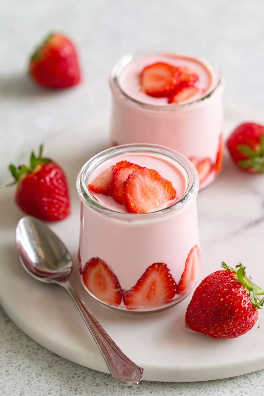 Two small clear glass jars filled with smooth, light pink creamy dessert are placed on a white plate with a white marbled texture. Inside each jar, thin slices of fresh red strawberries line the sides, creating a decorative layer beneath the pink cream that fills the jars almost to the top. Around the plate, whole fresh strawberries with green stems add bright red color. A shiny silver spoon lies on the plate near the jars. The white marbled surface provides a clean and soft background for the arrangement. photo taken with an iphone --ar 2:3 --v 7 - Strawberry Mousse, easy strawberry mousse, quick strawberry dessert, homemade strawberry mousse, fresh berry mousse