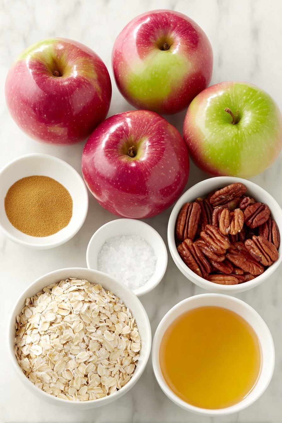 Flat lay of six whole sweet apples with shiny red and green skins, a small white bowl of golden cinnamon powder, a tiny white bowl with a pinch of salt crystals, a small white bowl containing melted golden coconut oil, a small white bowl filled with rolled oats, a small white bowl holding whole pecans with deep brown shells, a small white bowl with glossy amber honey, placed on a clean white marble surface, soft natural light, photo taken with an iPhone, professional food photography style, fresh ingredients, white ceramic bowls, no bottles, no duplicates, no utensils, no packaging --ar 2:3 --v 7 --p m7354615311229779997 - Healthy Apple Crumble Breakfast, wholesome apple crumble breakfast, nutritious apple crumbled dish, healthy morning apple dessert, easy healthy breakfast with apples