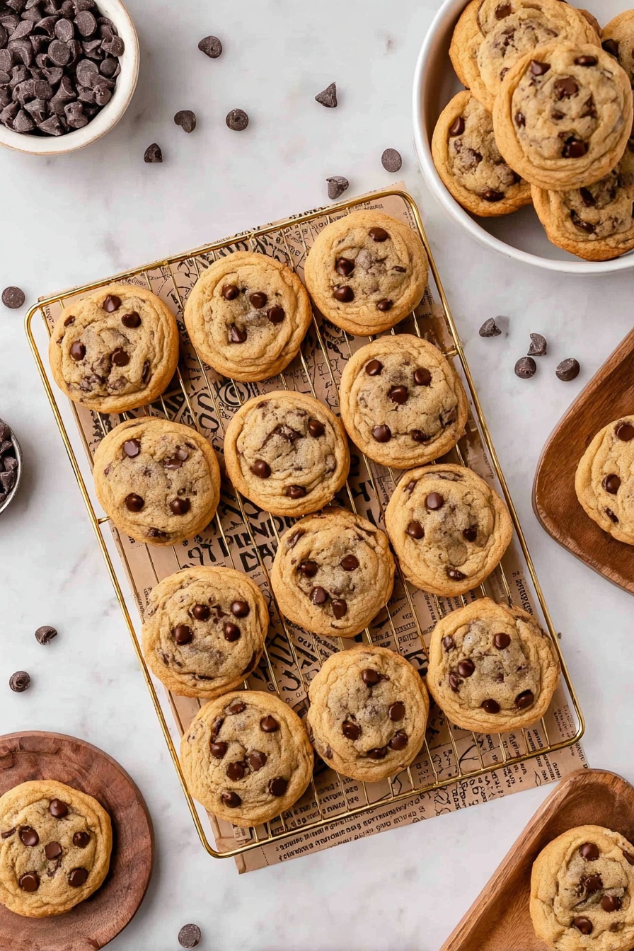 The image shows a close-up of a golden-brown cookie with a soft and slightly cracked texture, studded with dark chocolate chips both on top and inside. The cookie has a gooey, melted chocolate center that oozes out slightly where a piece is broken off. It sits on a sheet of printed parchment paper with parts of other cookies blurred in the background, all placed on a white marbled surface. photo taken with an iphone --ar 2:3 --v 7 - Brown Butter Sourdough Chocolate Chip Cookies, sourdough cookie recipes, brown butter cookies, sourdough discard cookies, chewy chocolate chip cookies