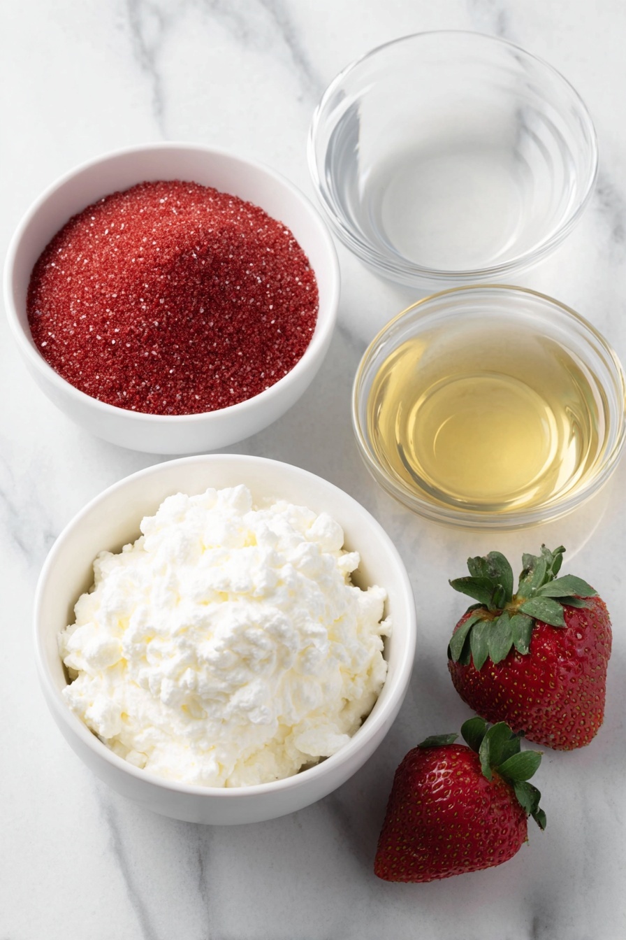 Flat lay of a small mound of bright red strawberry gelatin powder, a generous white ceramic bowl filled with thick creamy Greek yogurt, a small white bowl of clear hot boiling water steaming gently, another small white bowl of cold water with faint condensation on the outside, a few fresh whole strawberries with green leafy tops, and a dollop of fluffy white whipped cream softly peaked on a simple white plate, arranged with perfect symmetry, placed on a clean white marble surface, soft natural light, photo taken with an iPhone, professional food photography style, fresh ingredients, white ceramic bowls, no bottles, no duplicates, no utensils, no packaging --ar 2:3 --v 7 --p m7354615311229779997 - Greek Yogurt Strawberry Jello, Greek Yogurt Strawberry Dessert, No-Bake Strawberry Jello, Healthy Strawberry Jello Recipes, Easy Strawberry Yogurt Treats