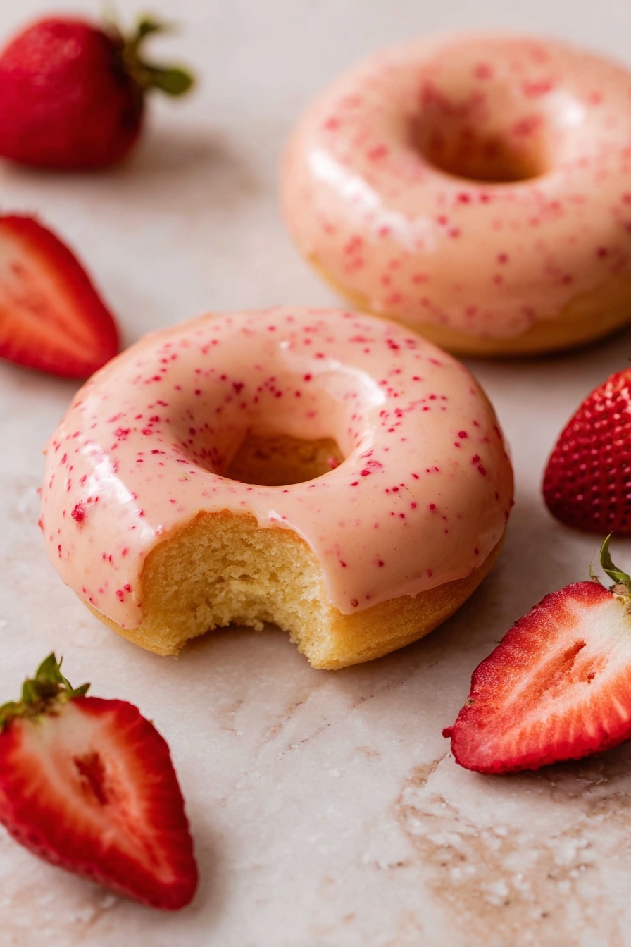 Two soft, round donuts sit on a light surface with a white marbled texture, each covered with a smooth pale pink glaze speckled with tiny red dots. One donut is whole, while the other has a single bite taken, revealing its fluffy, light yellow inside. Around the donuts, several bright red strawberries, some sliced in half showing their juicy, red and white interiors, add fresh color to the scene. Photo taken with an iphone --ar 2:3 --v 7 - Strawberry Glazed Donuts, strawberry glazed donuts recipe, fluffy strawberry donuts, homemade strawberry donuts, easy strawberry donut glaze