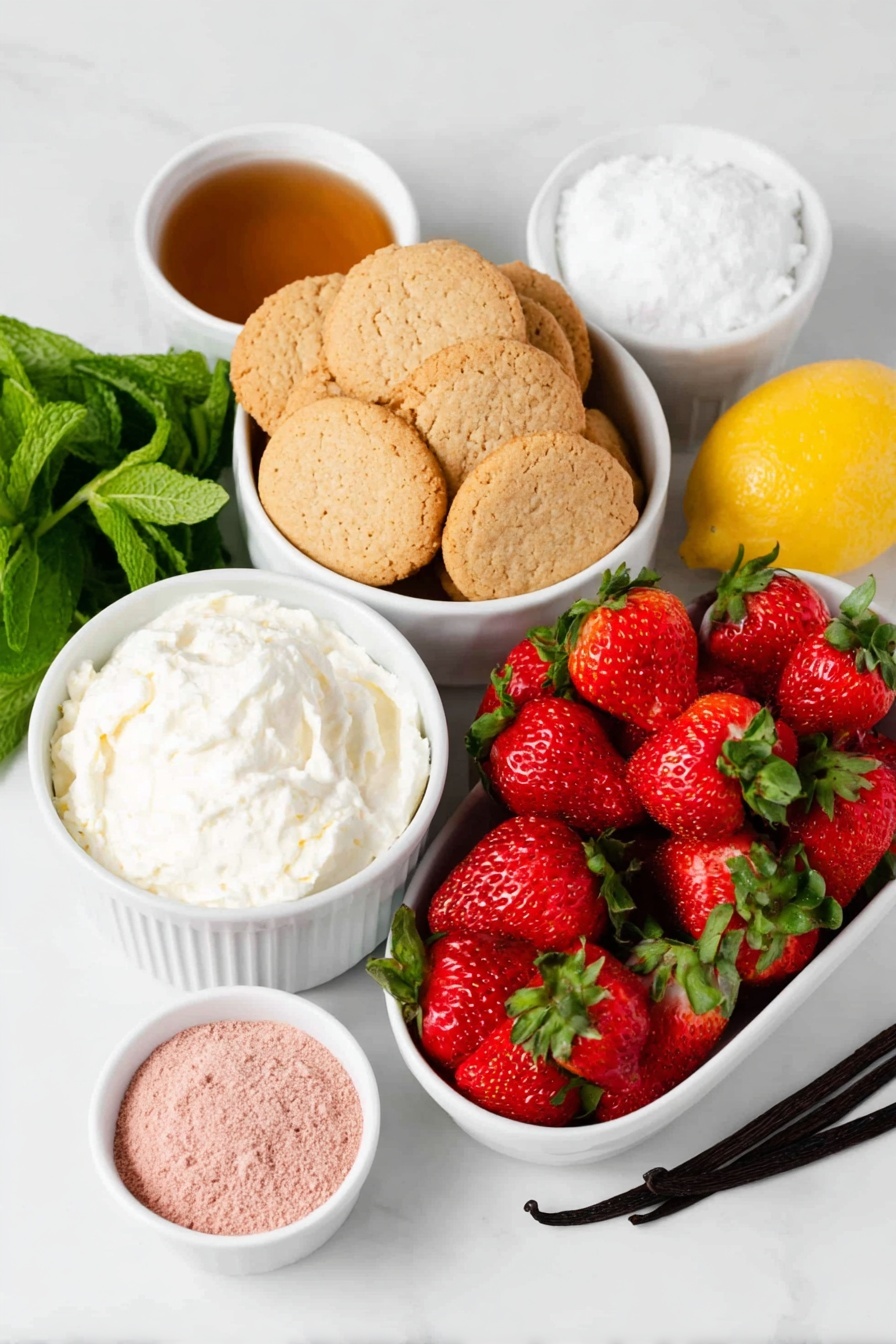 Flat lay of a small pile of plain sweet cookies, a white ceramic bowl with melted coconut oil, two tubs of vegan cream cheese, a white ceramic bowl of granulated sugar, a white ceramic bowl with fresh lemon wedges and lemon zest, a whole fresh vanilla bean pod, a handful of fresh whole strawberries with green leaves, a white ceramic bowl of thick scoopable canned coconut cream, a white ceramic bowl of cornstarch powder, a small white ceramic bowl with bright pink beetroot powder, another white ceramic bowl filled with fresh strawberry halves, placed on a clean white marble surface, soft natural light, photo taken with an iPhone, professional food photography style, fresh ingredients, white ceramic bowls, no bottles, no duplicates, no utensils, no packaging --ar 2:3 --v 7 --p m7354615311229779997 - Vegan Strawberry Cheesecake, dairy-free strawberry cheesecake, plant-based dessert, vegan berry cheesecake, easy vegan cheesecake