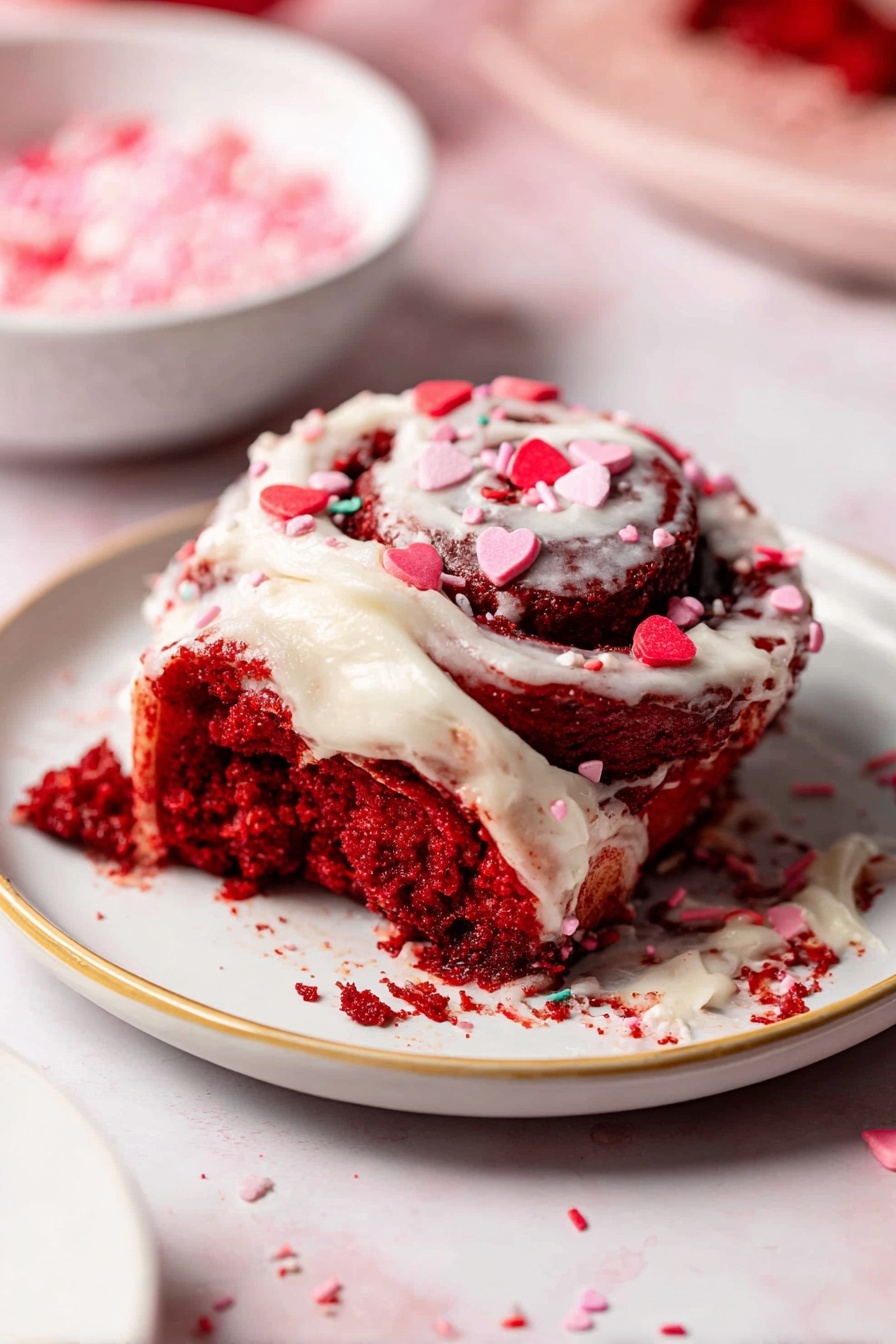 A close-up slice of red velvet cinnamon roll sits on a white plate with a gold rim, showing two visible layers of rich, red dough twisted into spirals. The top layer is thickly covered with creamy white icing that slightly melts over the edges and is dotted with red, pink, and white heart-shaped and sprinkle decorations. The cinnamon roll's texture looks soft and moist, with some crumbs scattered on the plate. The background has a white marbled texture with small sprinkles scattered around, and a blurred white bowl filled with more heart-shaped sprinkles is visible in the distance photo taken with an iphone --ar 2:3 --v 7 - Red Velvet Cinnamon Rolls, red velvet cinnamon rolls recipe, vibrant cinnamon roll recipe, easy red velvet rolls, festive cinnamon rolls