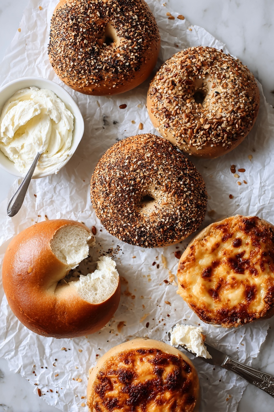 The image shows six bagels on crumpled white parchment paper over a white marbled surface. Two bagels are covered with mixed seeds, showing a mix of brown, white, and black sesame seeds with a rough texture on top. Two other bagels have a shiny golden-brown crust without toppings, smooth and glossy. Two bagels are covered with melted cheese on top, showing a bubbly, browned texture with deep orange and golden tones. One bagel is split open in the center, showing a soft, airy white inside with a light brown crust. On the left side, there is a small white bowl filled with smooth, white cream cheese. A silver knife with a small scoop of cream cheese rests near one bagel. photo taken with an iphone --ar 2:3 --v 7 - Homemade Sourdough Bagels, sourdough bagel recipe, how to make sourdough bagels, easy sourdough bagels, best homemade bagel recipe