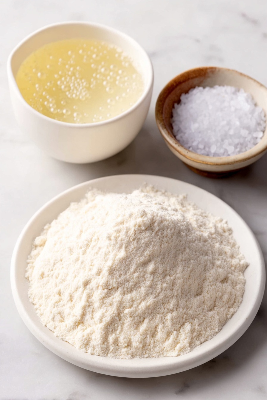 Flat lay of a small mound of unbleached bread flour on a simple white ceramic plate, a small white ceramic bowl of warm water with visible steam, a small white ceramic bowl containing bubbly sourdough starter with a slightly frothy texture, a few grains of coarse sea salt scattered neatly on a small white ceramic dish, arranged in perfect symmetry on a clean white marble surface, soft natural light, photo taken with an iPhone, professional food photography style, fresh ingredients, white ceramic bowls, no bottles, no duplicates, no utensils, no packaging --ar 2:3 --v 7 --p m7354615311229779997 - Easiest No-Knead Sourdough Bread, sourdough bread, no-knead bread, artisan bread, beginner sourdough recipe