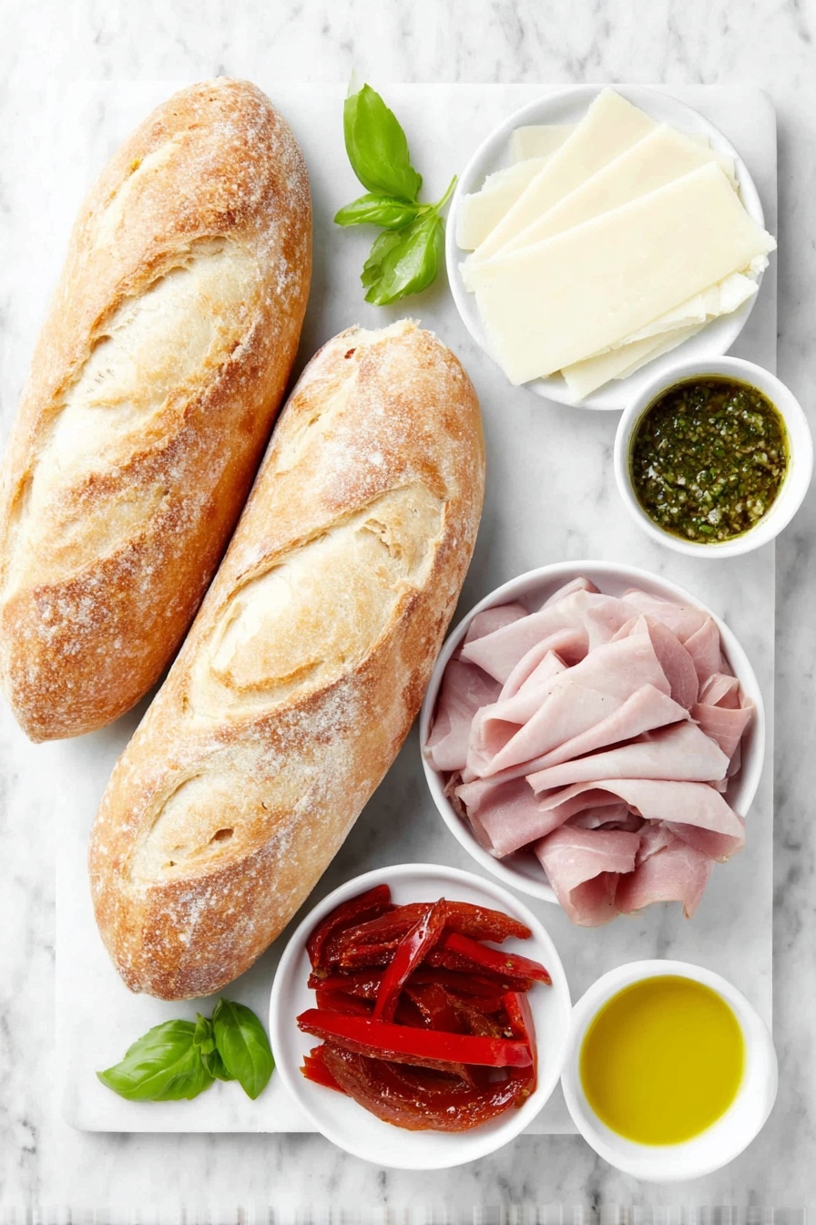 Flat lay of two halved ciabatta rolls with a golden crust, a few fresh green basil leaves beside a small white bowl filled with vibrant green basil pesto, a small white bowl holding glossy roasted red pepper strips, several slices of smooth pale provolone cheese, a neatly folded stack of pinkish deli turkey meat, and a small white bowl containing golden olive oil, all arranged symmetrically on simple white ceramic plates and bowls, placed on a clean white marble surface, soft natural light, photo taken with an iPhone, professional food photography style, fresh ingredients, white ceramic bowls, no bottles, no duplicates, no utensils, no packaging --ar 2:3 --v 7 --p m7354615311229779997 - Copycat Starbucks Turkey Pesto Sandwich, Starbucks turkey pesto sandwich copycat, homemade turkey pesto sandwich, copycat Starbucks sandwich recipe, turkey pesto sandwich at home