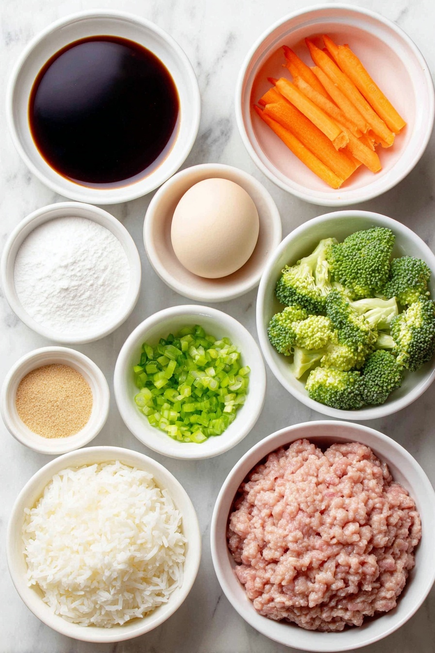 Flat lay of a small white ceramic bowl of low-sodium soy sauce, a small white ceramic bowl of water, a small white ceramic bowl of red wine vinegar, a small white ceramic bowl of brown sugar, a small white ceramic bowl of granulated sugar, a small white ceramic bowl of minced garlic, a small white ceramic bowl of ground ginger, a small white ceramic bowl of cornstarch, a small white ceramic bowl of warm water, a whole uncracked brown egg, a small white ceramic bowl of vegetable oil, a small white ceramic bowl of diced onion, a small white ceramic bowl of minced garlic, a mound of raw ground turkey, a small white ceramic bowl of finely chopped broccoli, two large peeled whole carrots, a small white ceramic bowl of diced green onions, a small white ceramic bowl of cooked white rice placed on a clean white marble surface, soft natural light, photo taken with an iPhone, professional food photography style, fresh ingredients, white ceramic bowls, no bottles, no duplicates, no utensils, no packaging --ar 2:3 --v 7 --p m7354615311229779997 - Teriyaki Ground Turkey Bowl, healthy turkey dinner, easy weeknight dinner, quick ground turkey recipes, flavorful Asian-inspired bowls