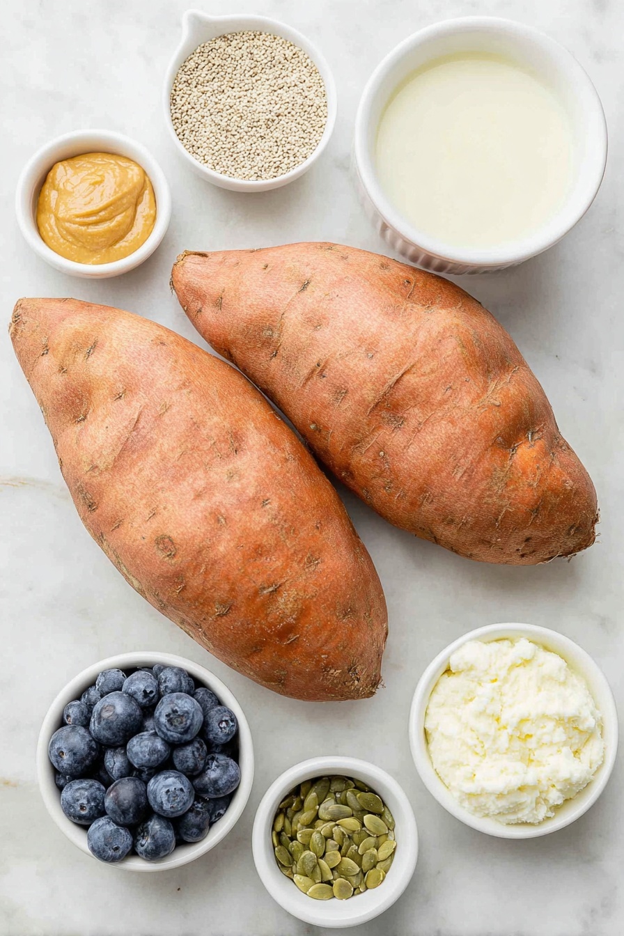 Flat lay of two whole large sweet potatoes with rustic orange skin, a small white bowl of raw hemp seeds, a small white bowl filled with creamy almond milk, a small white bowl holding smooth almond butter, a small white bowl of golden maple syrup, a small white bowl of ground cinnamon powder, a small white bowl of vanilla extract, a small heap of fresh plump blueberries, a small pile of green pumpkin seeds, and a dollop of plain Greek yogurt in a small white bowl, all arranged symmetrically with balanced spacing, placed on a clean white marble surface, soft natural light, photo taken with an iPhone, professional food photography style, fresh ingredients, white ceramic bowls, no bottles, no duplicates, no utensils, no packaging --ar 2:3 --v 7 --p m7354615311229779997 - Sweet Potato Breakfast Bowl with Blueberries, healthy sweet potato breakfast ideas, nutritious blueberry breakfast recipes, easy wholesome breakfast bowls, delicious morning smoothie bowls