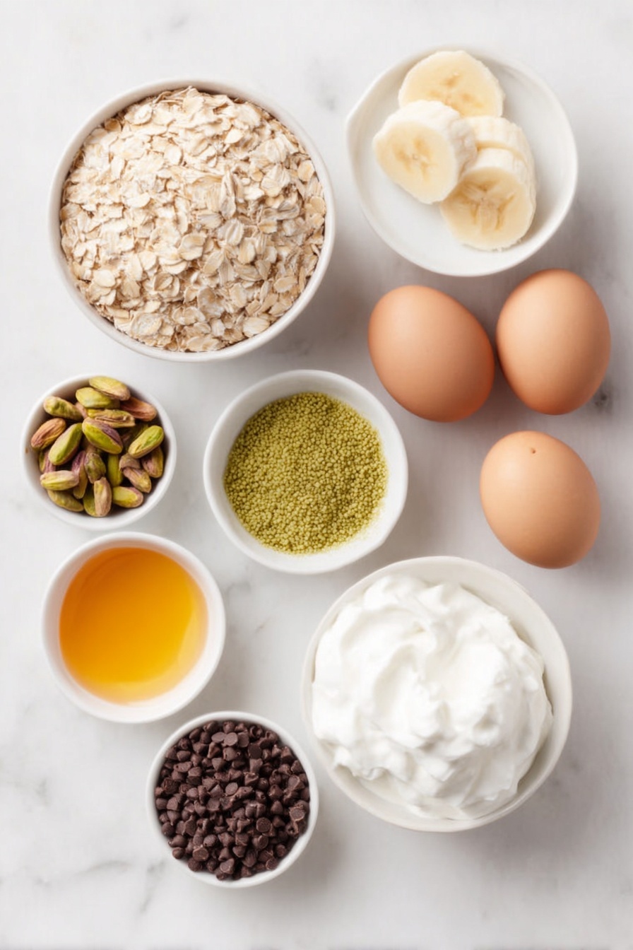 Flat lay of a small pile of rolled oats, a cup of plain Greek yogurt in a simple white ceramic bowl, a few tablespoons of bright green instant pistachio pudding powder in a small white bowl, a small white bowl filled with tiny black chia seeds, two whole uncracked brown eggs, a small white bowl of smooth honey with a golden hue, a few halves of fresh green pistachios scattered neatly, a perfectly peeled and sliced banana arranged in a fan shape, dark chocolate chips clustered in a small white bowl, and a dollop of fluffy whipped cream in another white ceramic bowl, all placed on a clean white marble surface, soft natural light, photo taken with an iPhone, professional food photography style, fresh ingredients, white ceramic bowls, no bottles, no duplicates, no utensils, no packaging --ar 2:3 --v 7 --p m7354615311229779997 - Creamy Pistachio Protein Overnight Oats, healthy overnight oats with pistachio, high protein breakfast ideas, make-ahead breakfast recipes, nutritious breakfast overnight oats