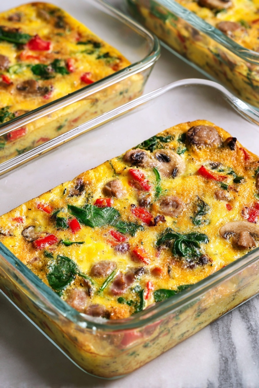 The image shows a rectangular glass baking dish filled with a baked egg casserole. The casserole has one visible thick layer filled with colorful ingredients, including yellow cooked eggs, green spinach leaves, red diced bell peppers, browned sausage pieces, and slices of brown mushrooms. The surface of the casserole is slightly browned with a texture that looks soft and moist. The dish is placed on a white marbled texture surface with part of another similar casserole dish visible in the background. Photo taken with an iphone --ar 2:3 --v 7 - Meal Prep Breakfast Eggs with Sausage, breakfast egg recipes, healthy breakfast ideas, easy breakfast prep, protein breakfast recipes