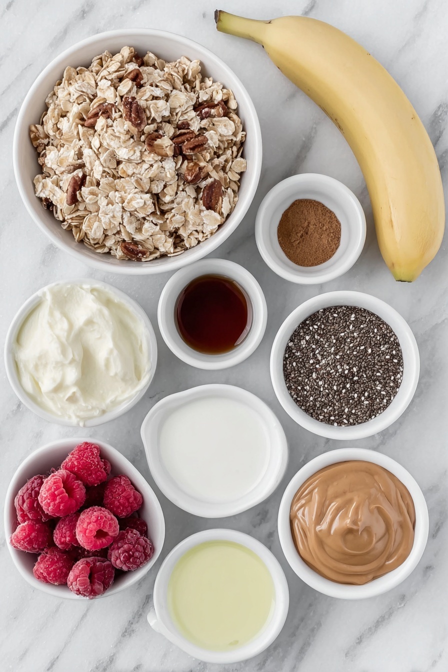 Flat lay of gluten free porridge oats in a small white bowl, a small white bowl of nut milk, a small white bowl with chia seeds, a small white bowl of maple syrup, a small white bowl of ground cinnamon, a whole unpeeled banana, a small white bowl with coconut oil, a handful of fresh raspberries arranged naturally, a small white bowl of pomegranate seeds, a small white bowl with smooth nut butter, a small white bowl of homemade granola all placed with perfect symmetry and realistic proportions on a clean white marble surface, soft natural light, photo taken with an iPhone, professional food photography style, fresh ingredients, white ceramic bowls, no bottles, no duplicates, no utensils, no packaging --ar 2:3 --v 7 --p m7354615311229779997 - Caramelized Banana Oatmeal, Banana Oatmeal Breakfast, Delicious Oatmeal Recipes, Easy Healthy Breakfast, Caramelized Banana Recipe