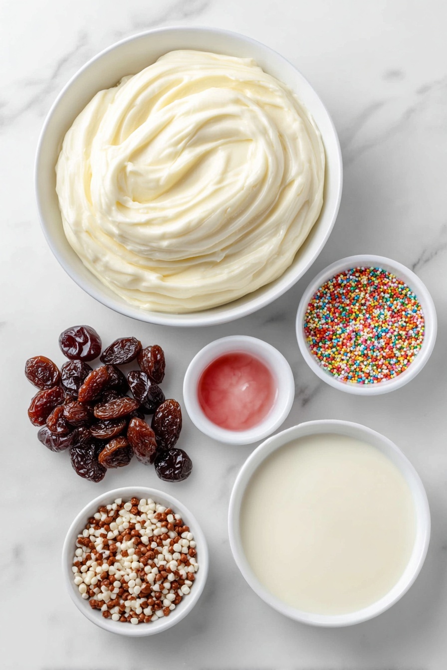 Flat lay of a simple white ceramic bowl filled with smooth white chocolate melting wafers, a small white bowl holding thick sweetened condensed milk, a tiny white bowl containing a few drops of vibrant pink gel food coloring, a handful of glossy dried cherries, and a small pile of colorful sprinkles, all arranged with perfect symmetry and balanced proportions, placed on a clean white marble surface, soft natural light, photo taken with an iPhone, professional food photography style, fresh ingredients, white ceramic bowls, no bottles, no duplicates, no utensils, no packaging --ar 2:3 --v 7 --p m7354615311229779997 - Pink White Chocolate Fudge, white chocolate fudge recipe, pink fudge dessert, easy white chocolate fudge, homemade fudge ideas